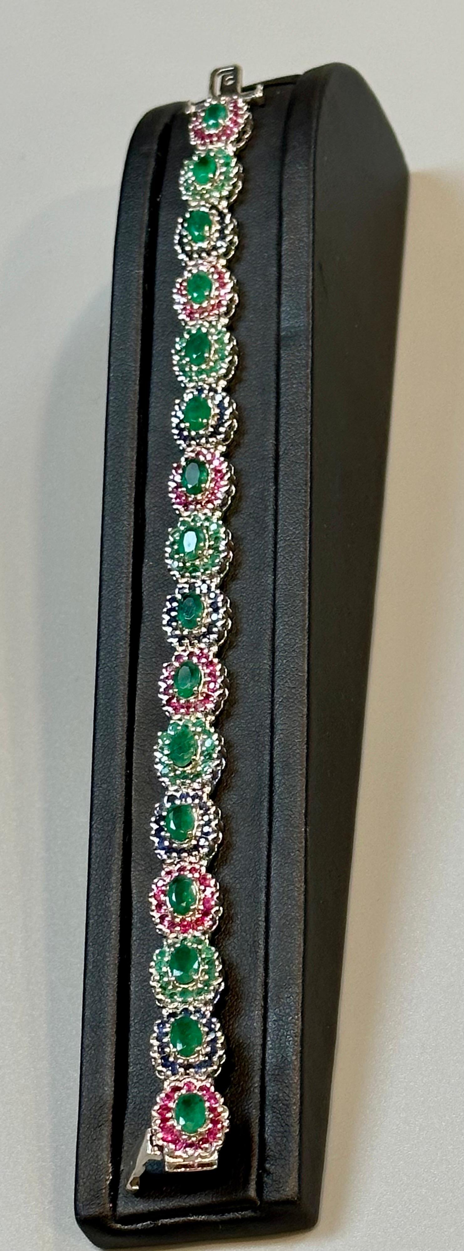 8 Ct Oval Cut Emerald & Ruby & Sapphire Tennis Bracelet 14 Kt White Gold 25.5Gm For Sale 1