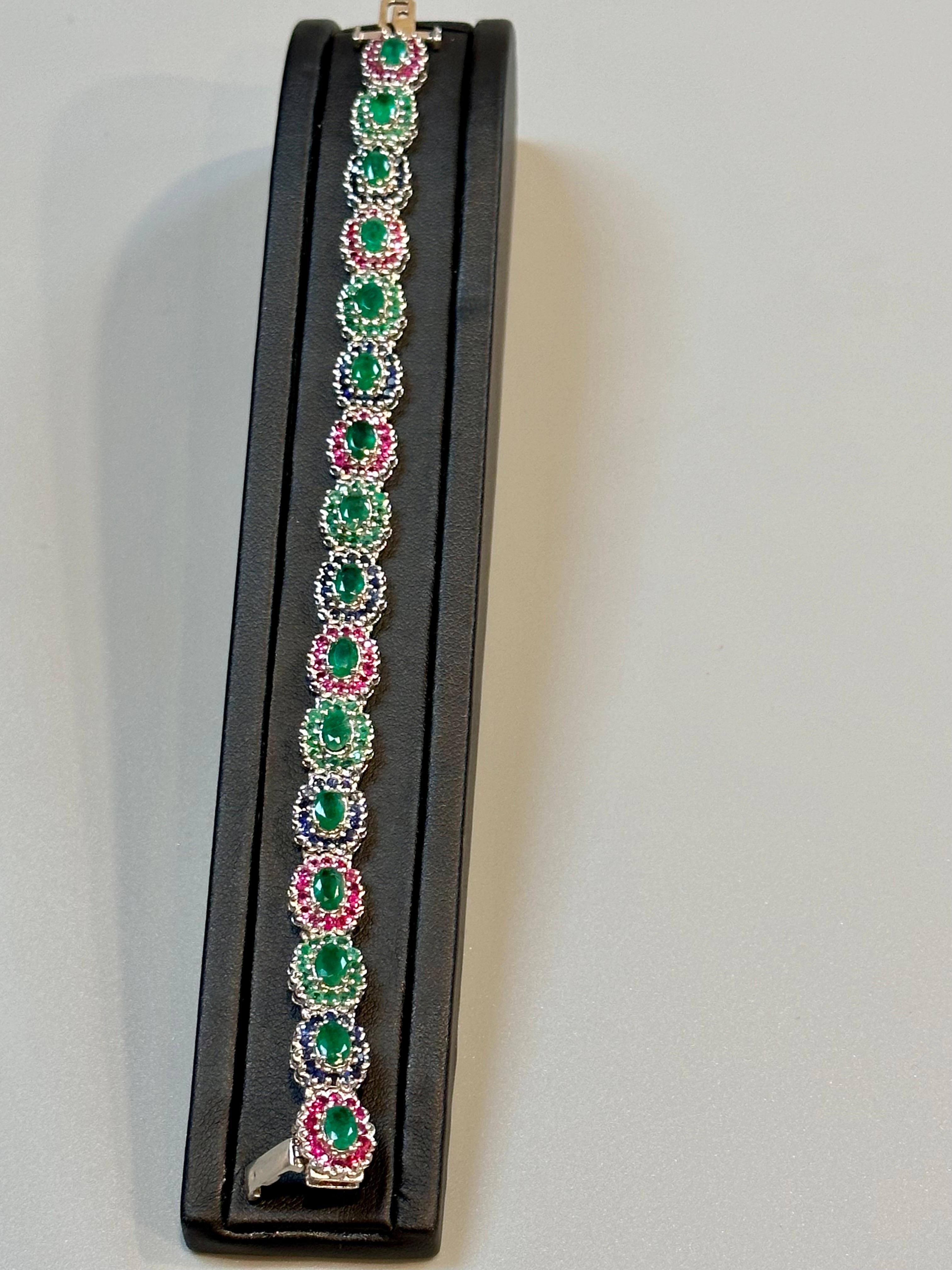 8 Ct Oval Cut Emerald & Ruby & Sapphire Tennis Bracelet 14 Kt White Gold 25.5Gm For Sale 2