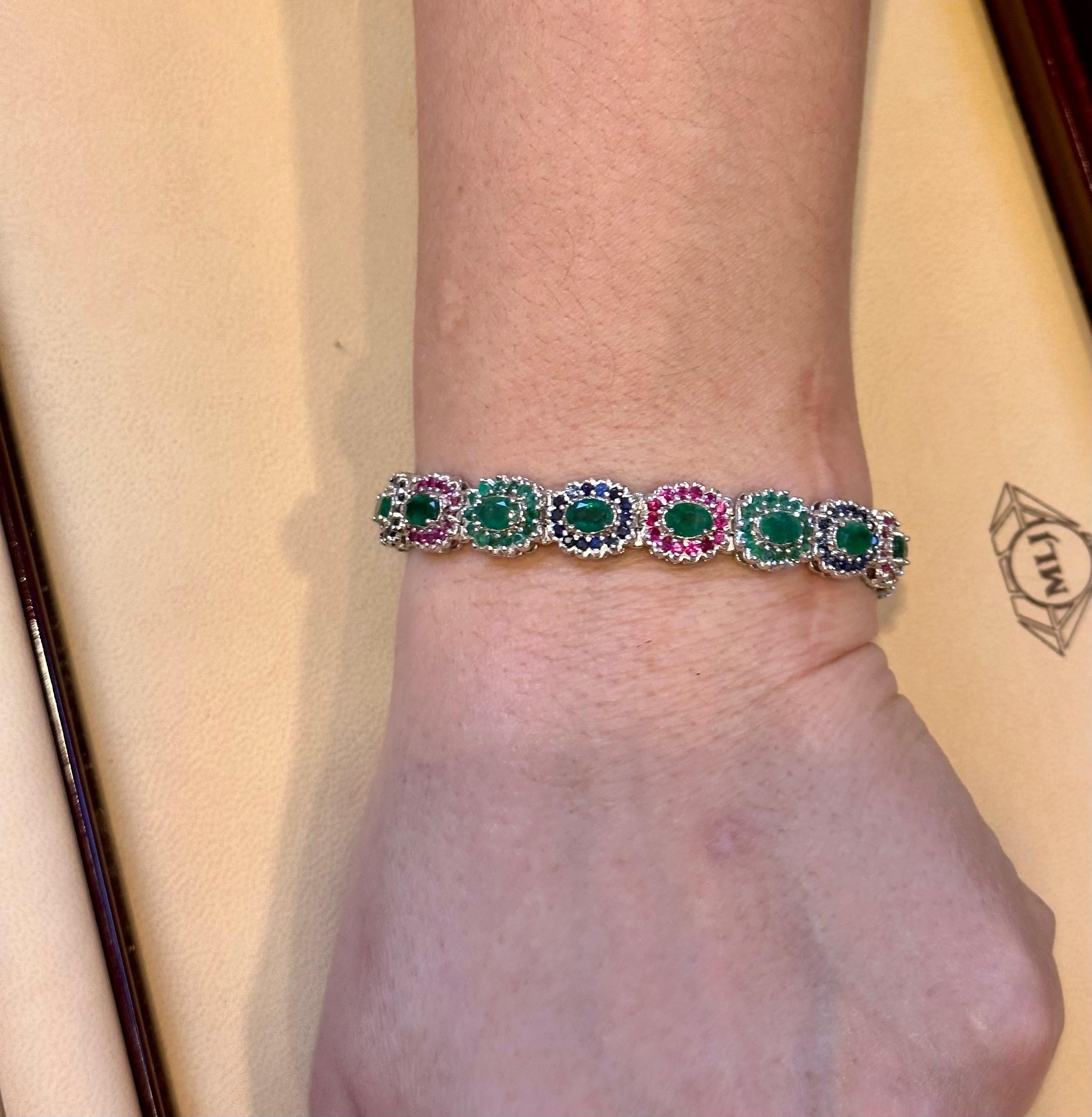 8 Ct Oval Cut Emerald & Ruby & Sapphire Tennis Bracelet 14 Kt White Gold 25.5Gm For Sale 4