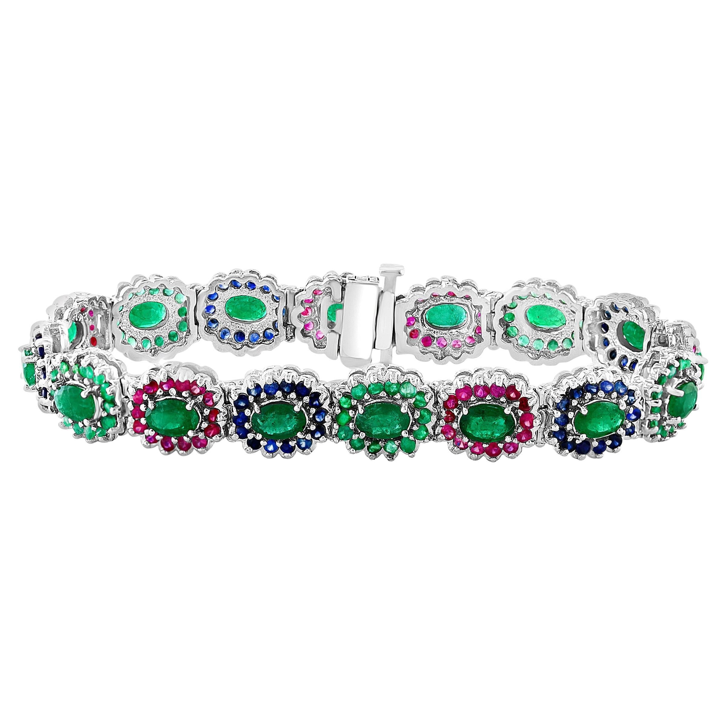 8 Ct Oval Cut Emerald & Ruby & Sapphire Tennis Bracelet 14 Kt White Gold 25.5Gm For Sale