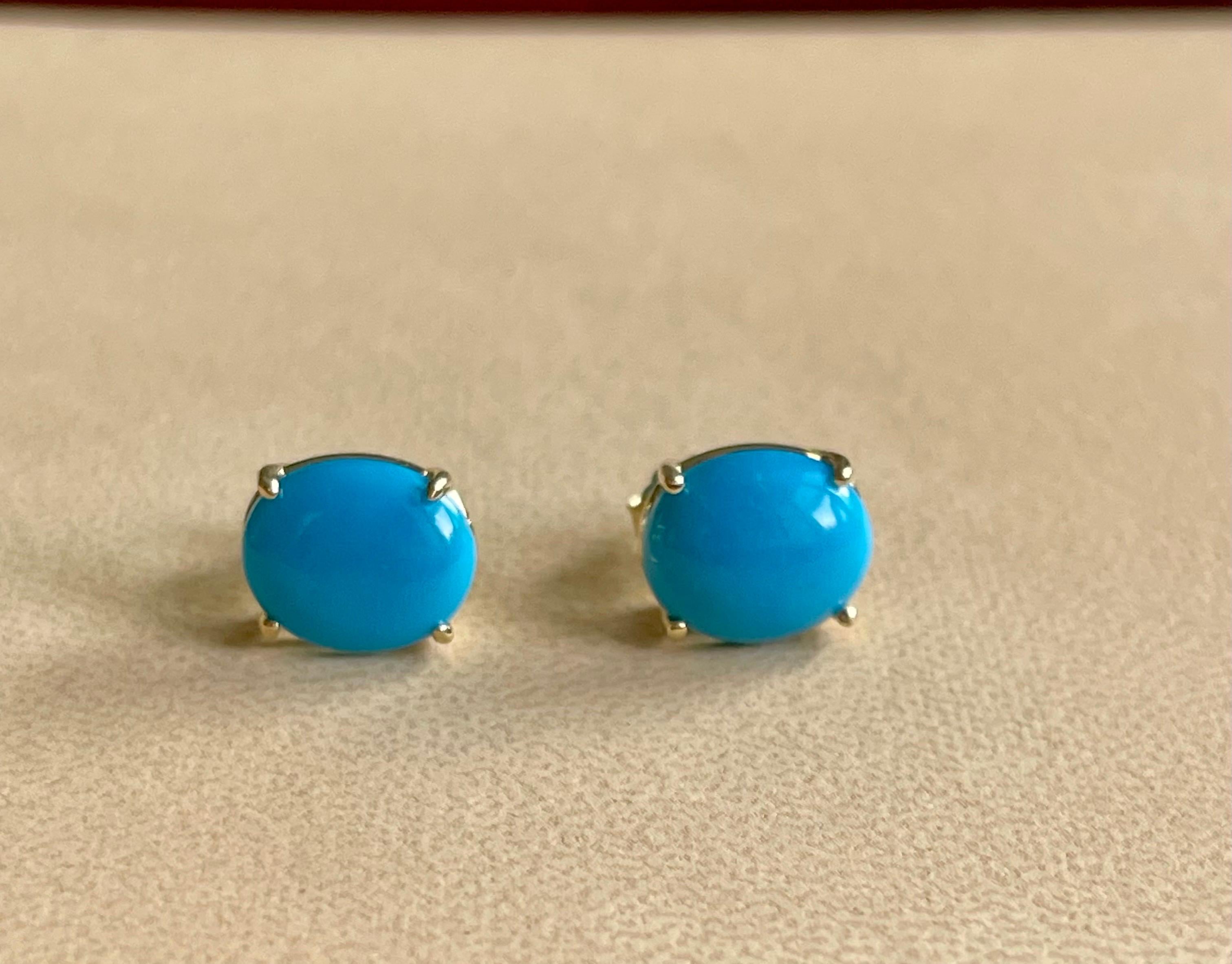 8 Ct Oval Natural Sleeping Beauty Turquoise Stud Earrings 14 K Yellow Gold In Excellent Condition In New York, NY