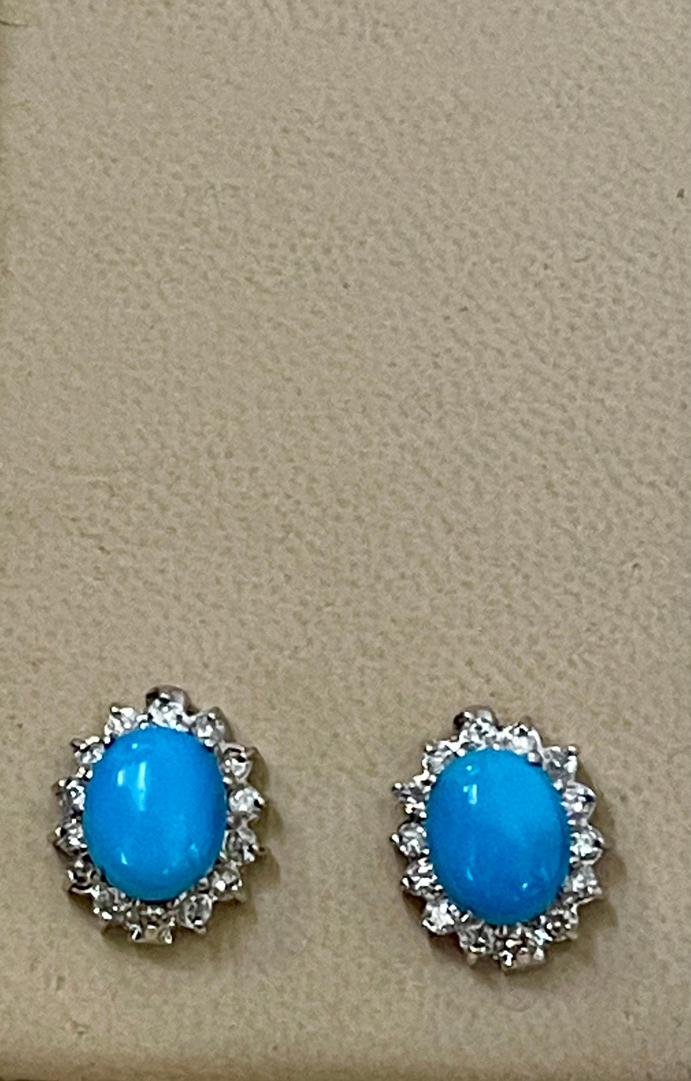 8 Ct Oval Sleeping Beauty Turquoise & 1 Ct Diamond Stud Earrings 14 K White Gold 4