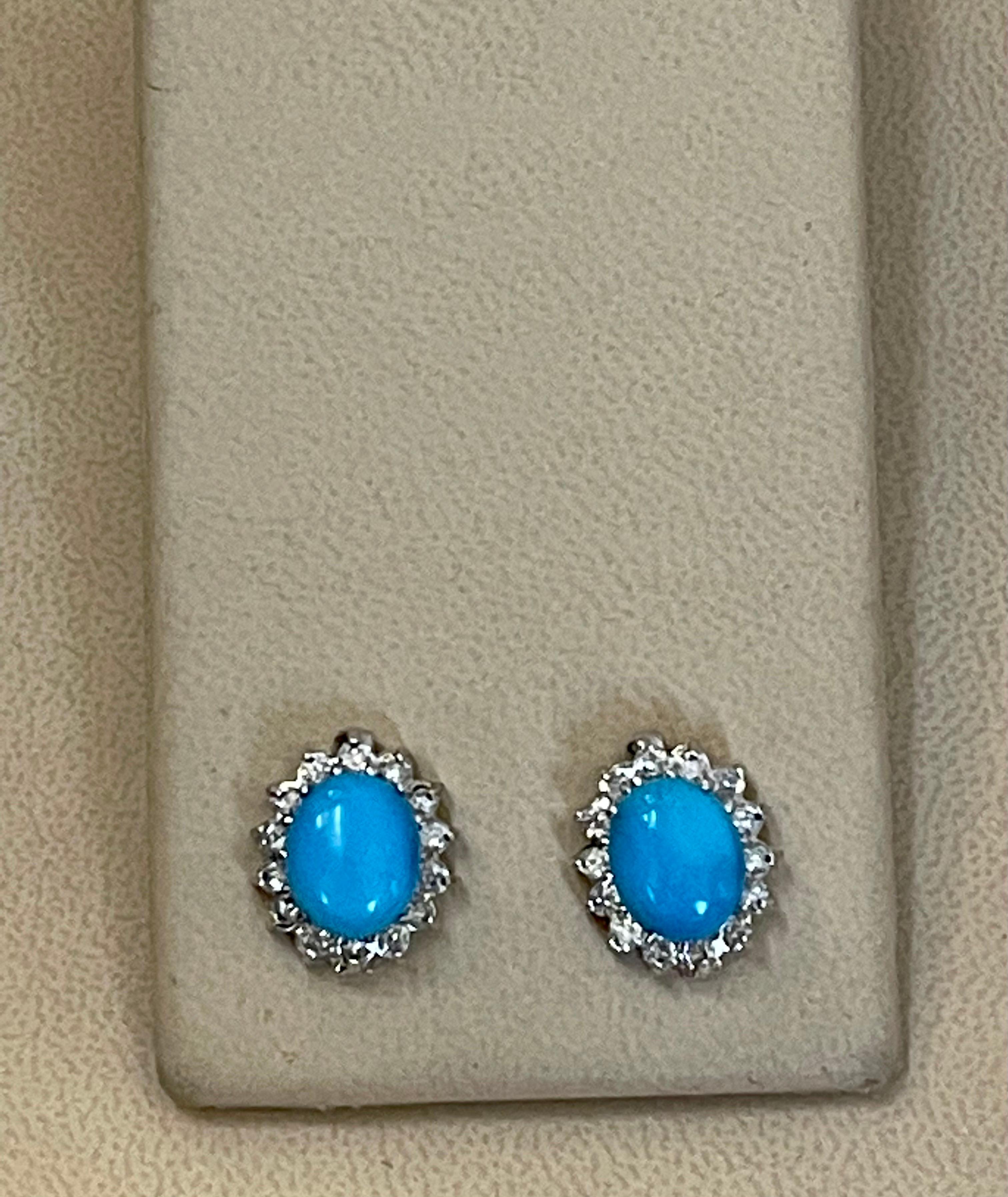 8 Ct Oval Sleeping Beauty Turquoise & 1 Ct Diamond Stud Earrings 14 K White Gold 5