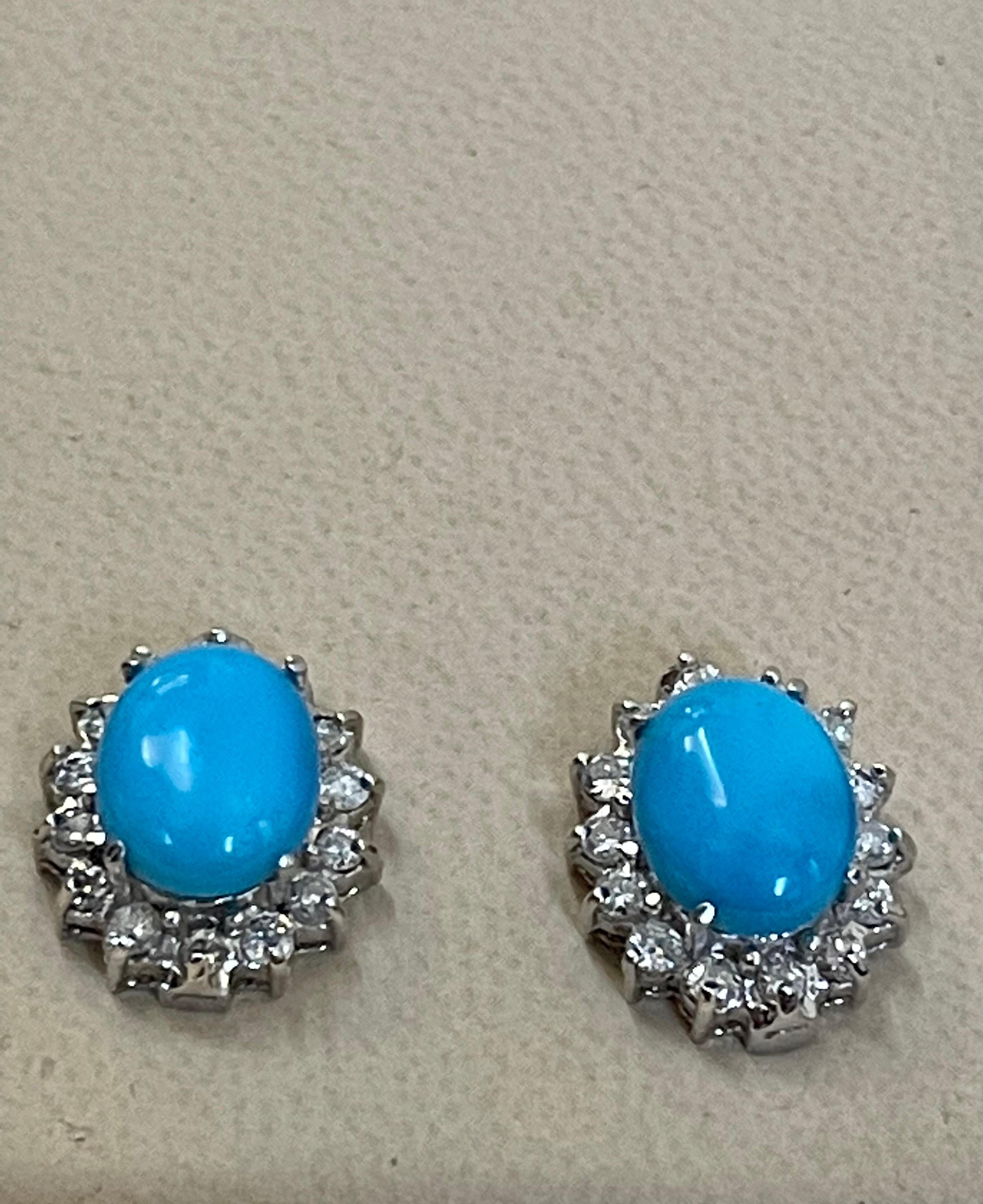8 Ct Oval Sleeping Beauty Turquoise & 1 Ct Diamond Stud Earrings 14 K White Gold 6