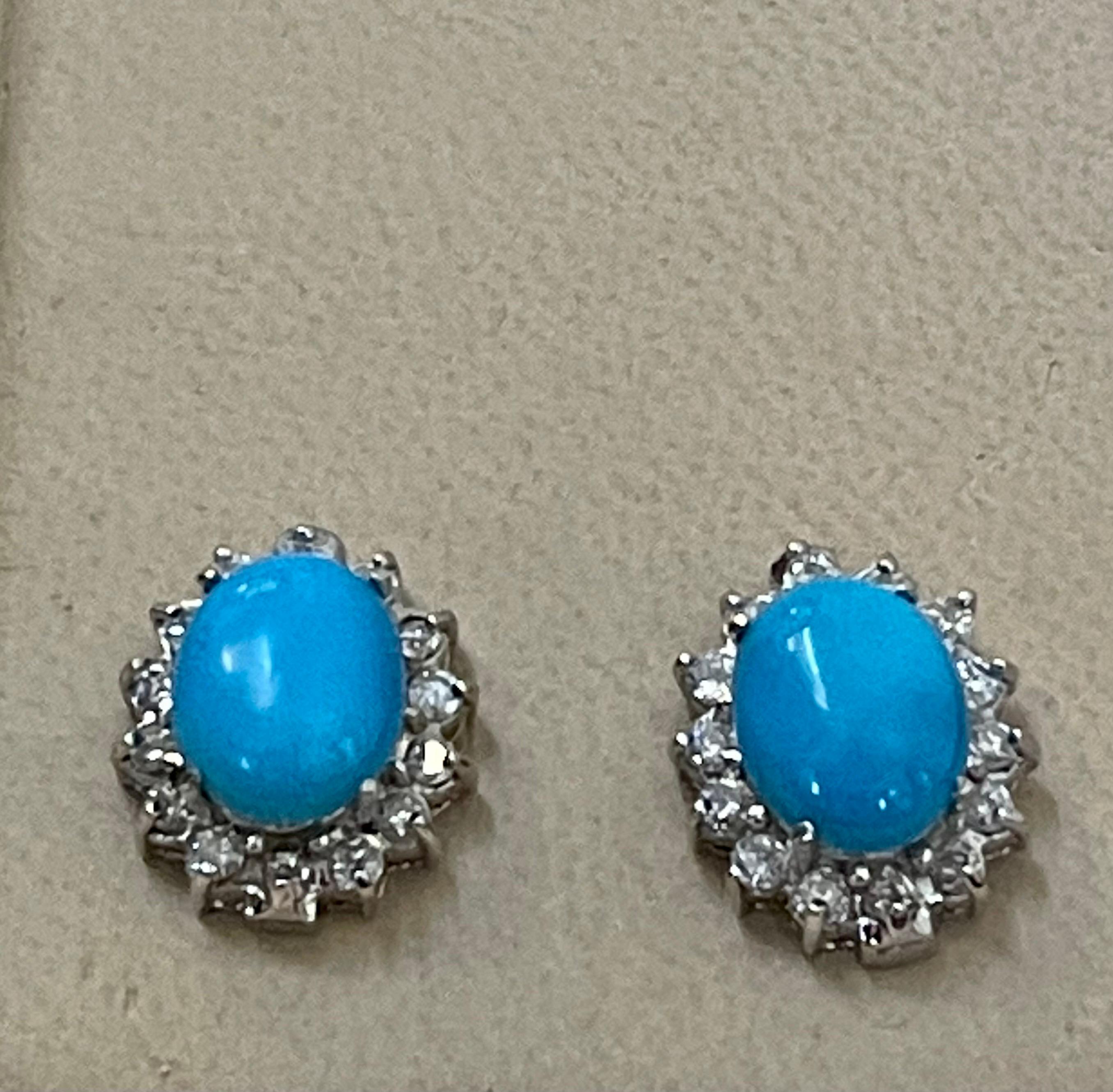 8 Ct Oval Sleeping Beauty Turquoise & 1 Ct Diamond Stud Earrings 14 K White Gold 7