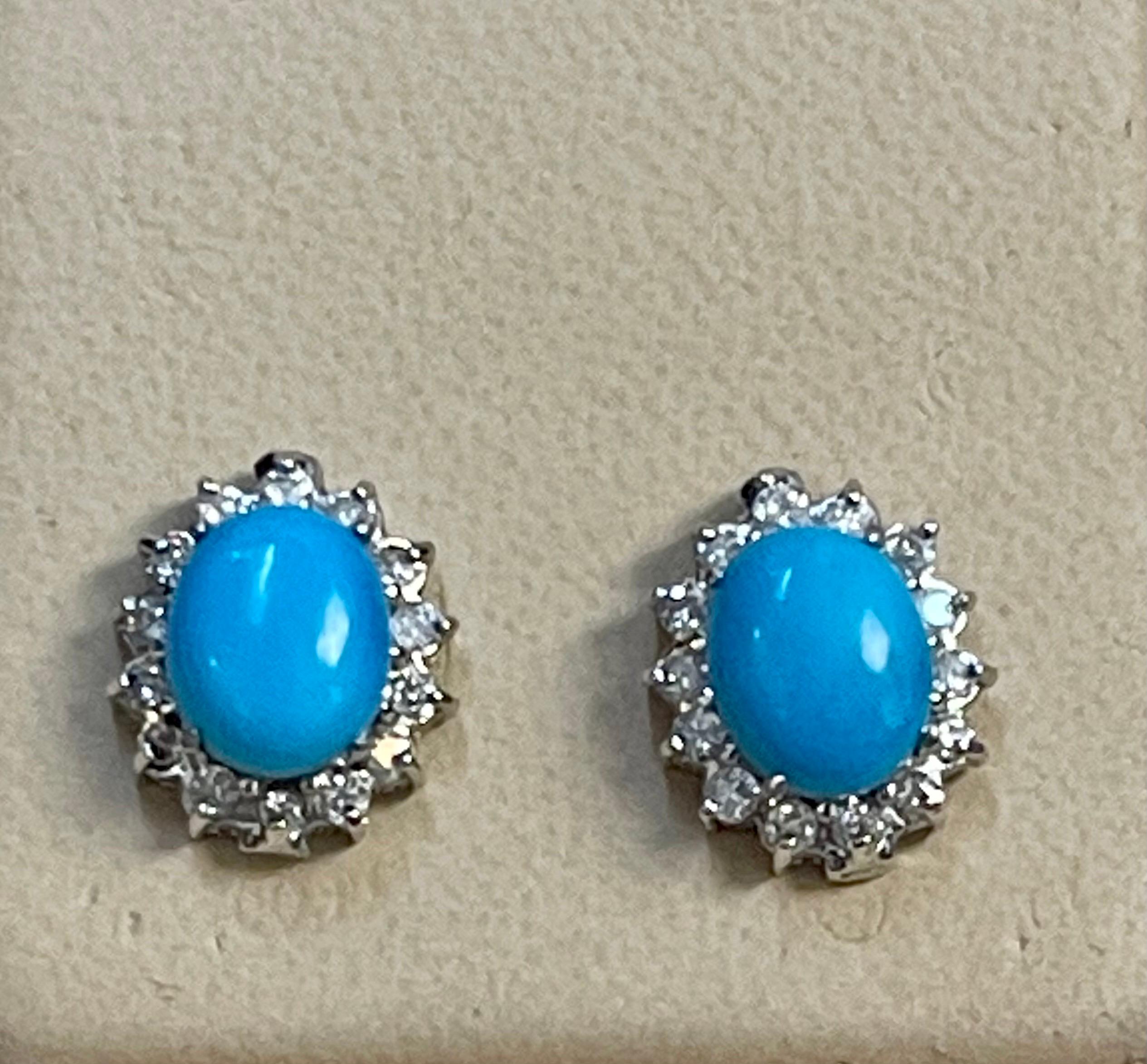 8 Ct Oval Sleeping Beauty Turquoise & 1 Ct Diamond Stud Earrings 14 K White Gold 8