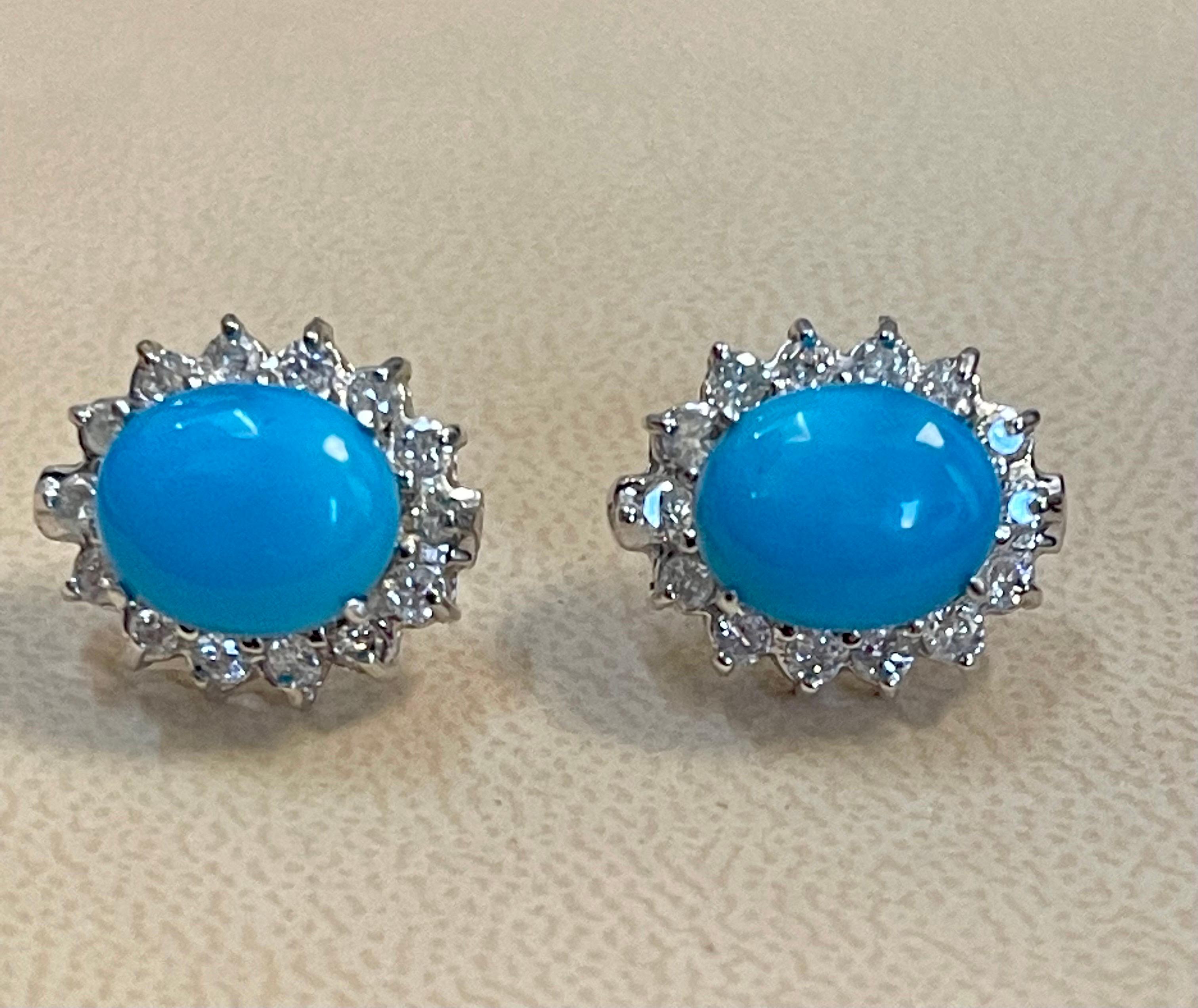 Oval Cut 8 Ct Oval Sleeping Beauty Turquoise & 1 Ct Diamond Stud Earrings 14 K White Gold
