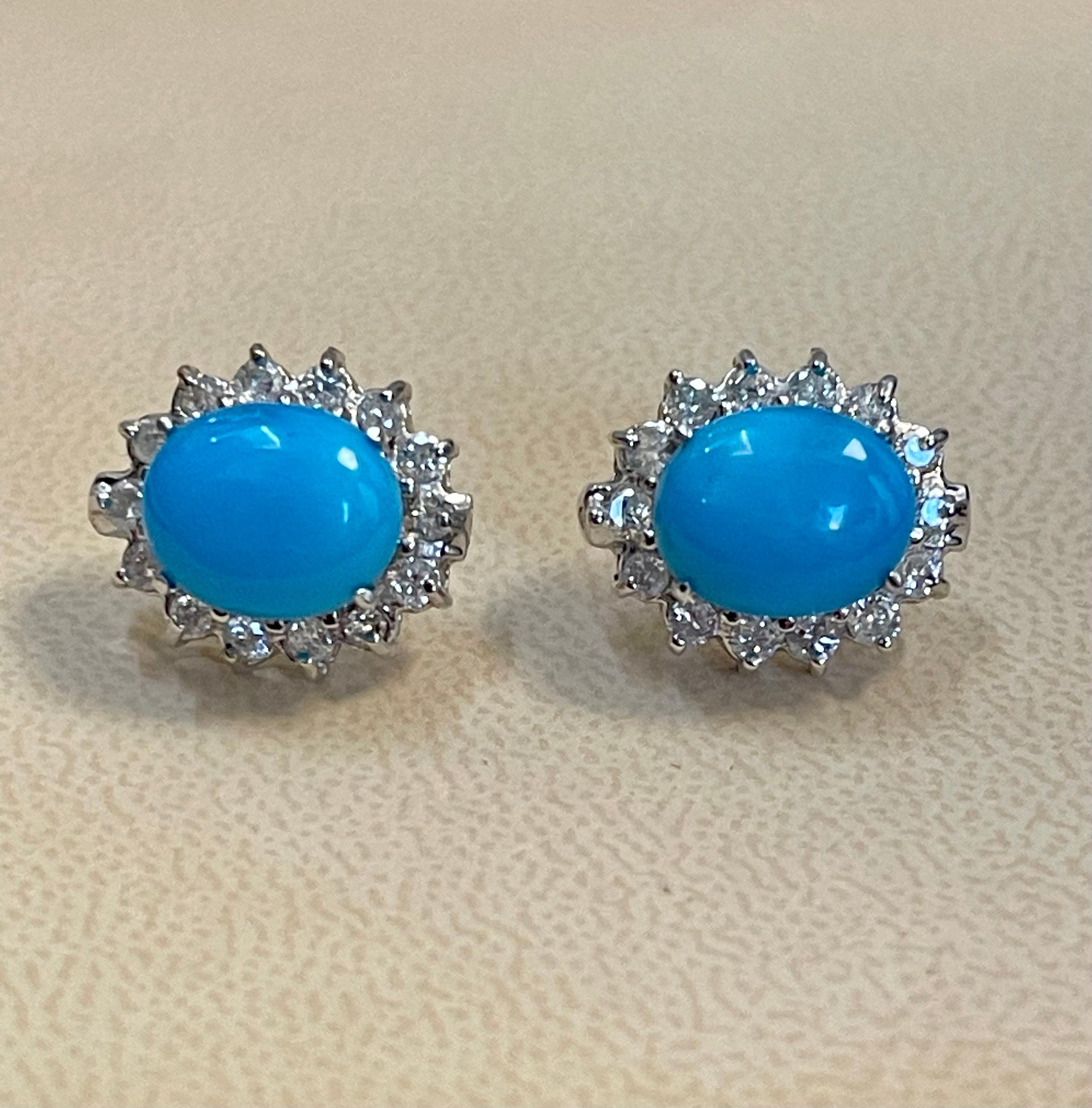 8 Ct Oval Sleeping Beauty Turquoise & 1 Ct Diamond Stud Earrings 14 K White Gold In Excellent Condition In New York, NY