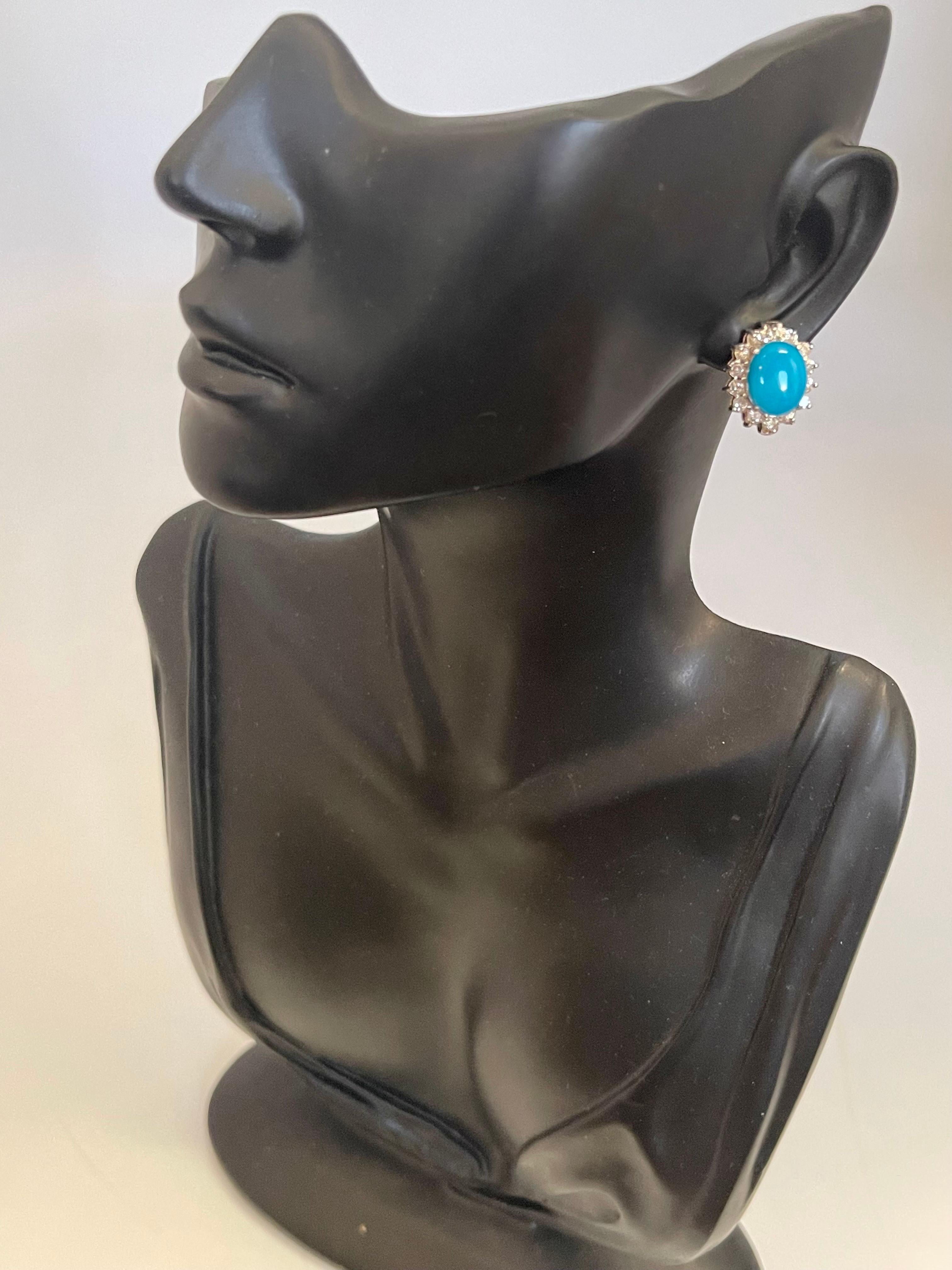 Women's 8 Ct Oval Sleeping Beauty Turquoise & 1 Ct Diamond Stud Earrings 14 K White Gold