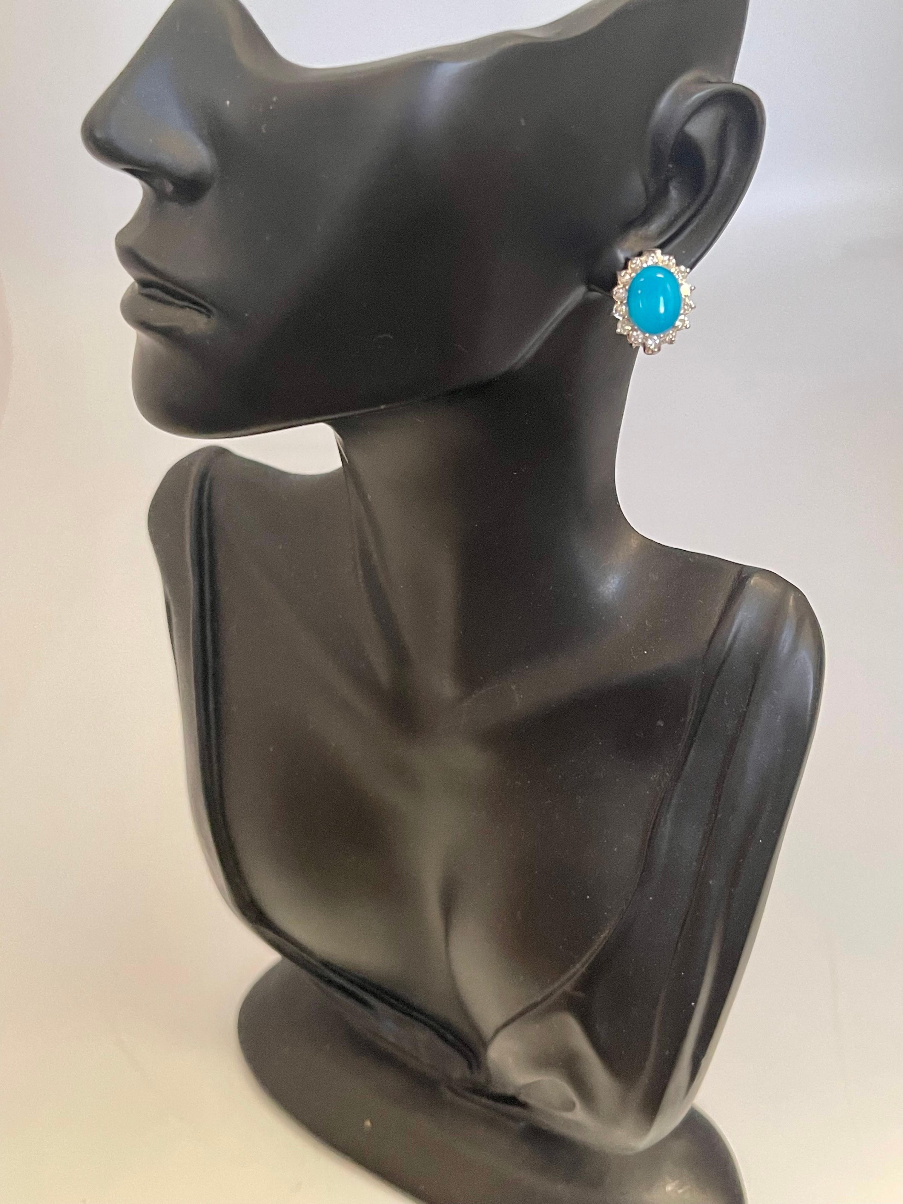 8 Ct Oval Sleeping Beauty Turquoise & 1 Ct Diamond Stud Earrings 14 K White Gold 1