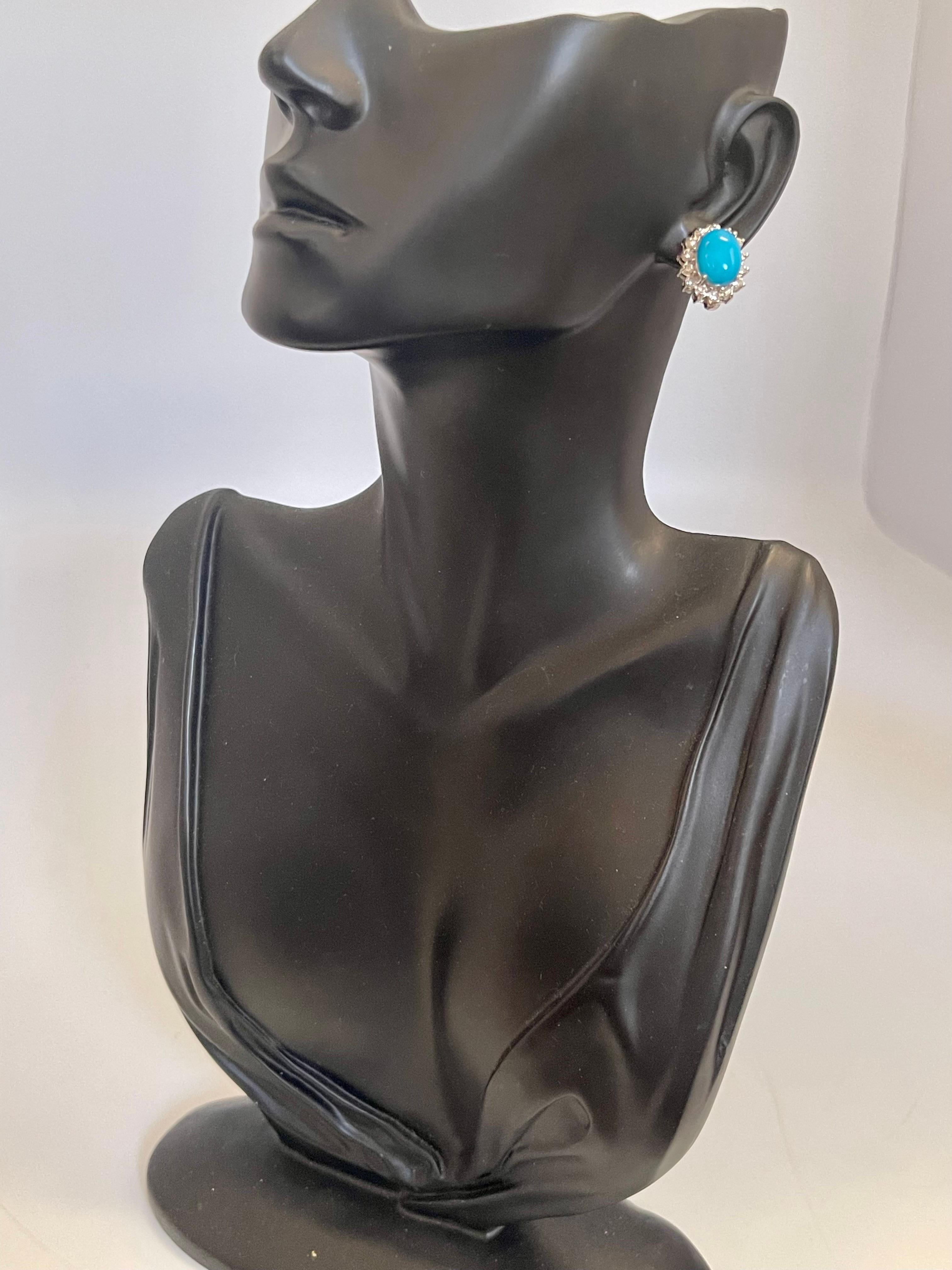 8 Ct Oval Sleeping Beauty Turquoise & 1 Ct Diamond Stud Earrings 14 K White Gold 2