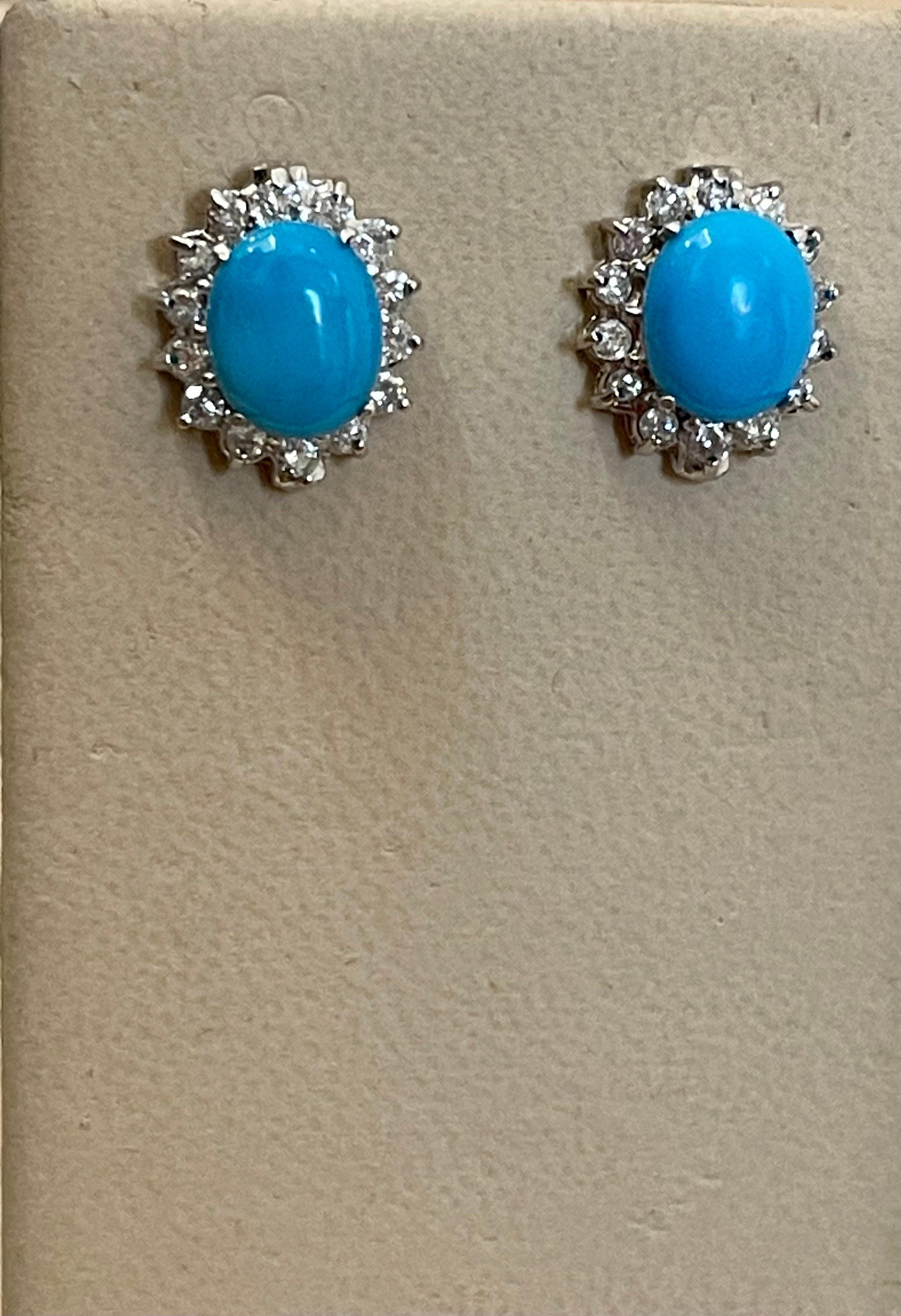 8 Ct Oval Sleeping Beauty Turquoise & 1 Ct Diamond Stud Earrings 14 K White Gold 3