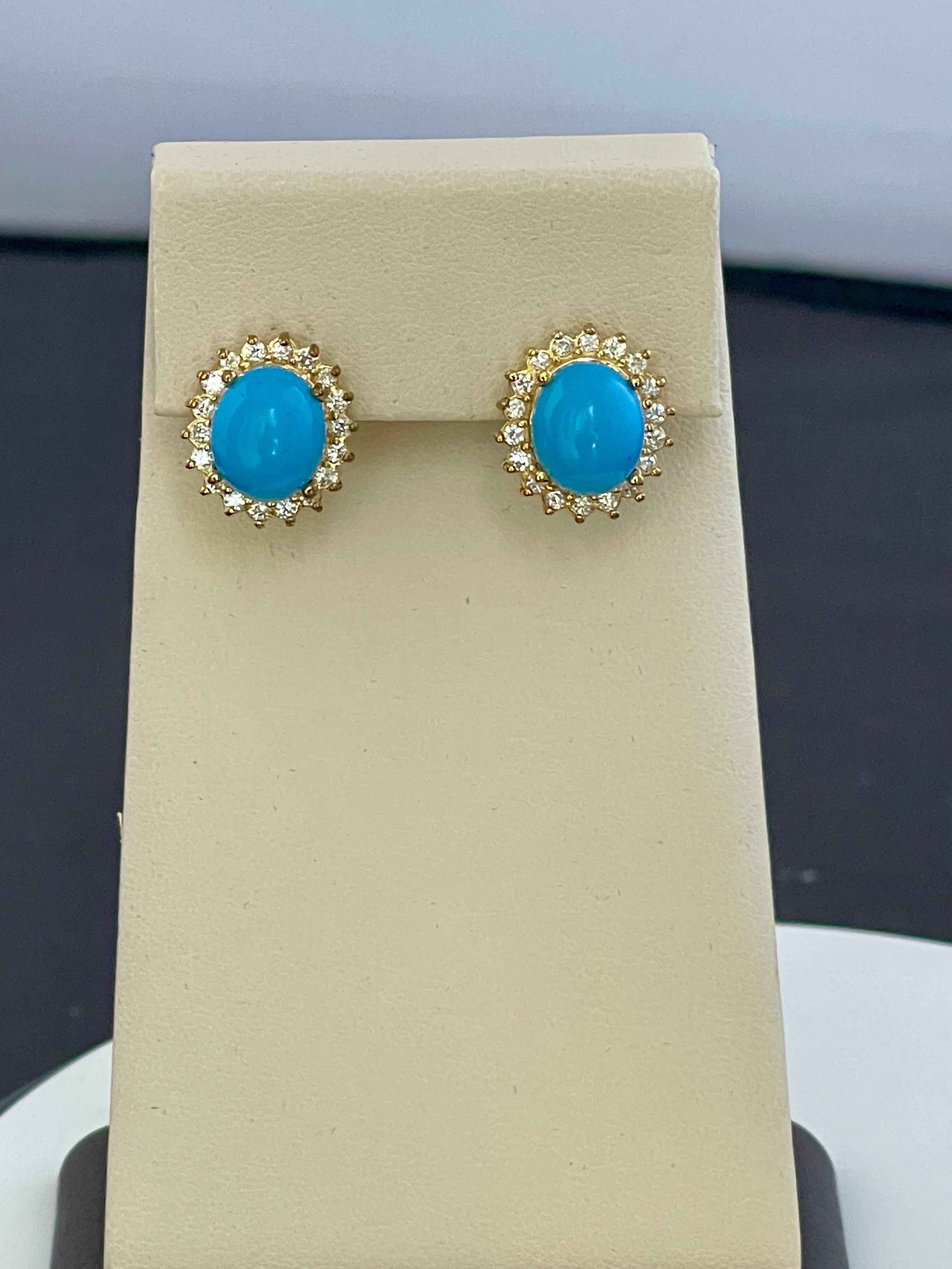 8 Ct Oval Sleeping Beauty Turquoise 1.5ct Diamond Stud Earrings 14 K Yellow Gold For Sale 2