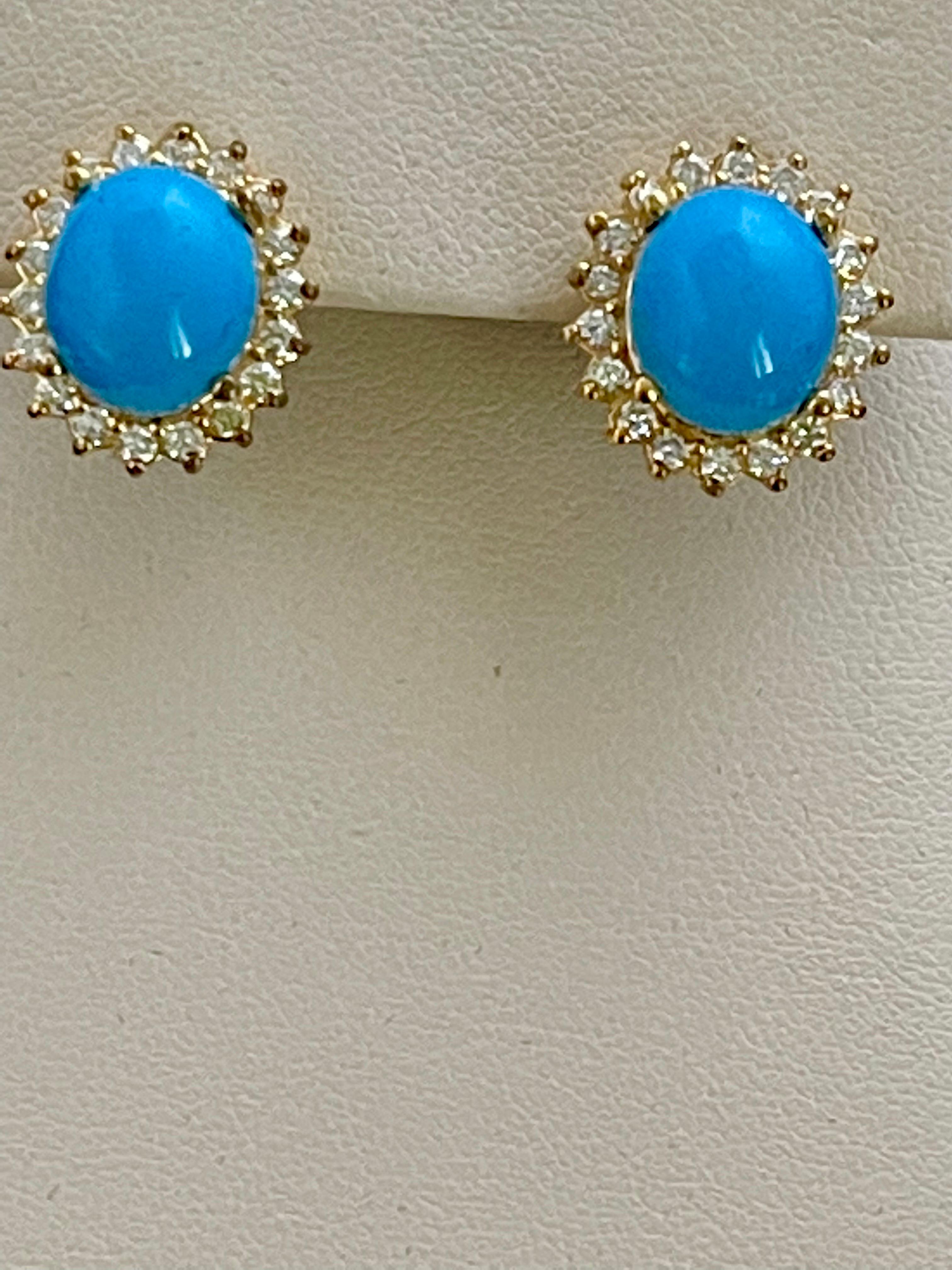 8 Ct Oval Sleeping Beauty Turquoise 1.5ct Diamond Stud Earrings 14 K Yellow Gold For Sale 3