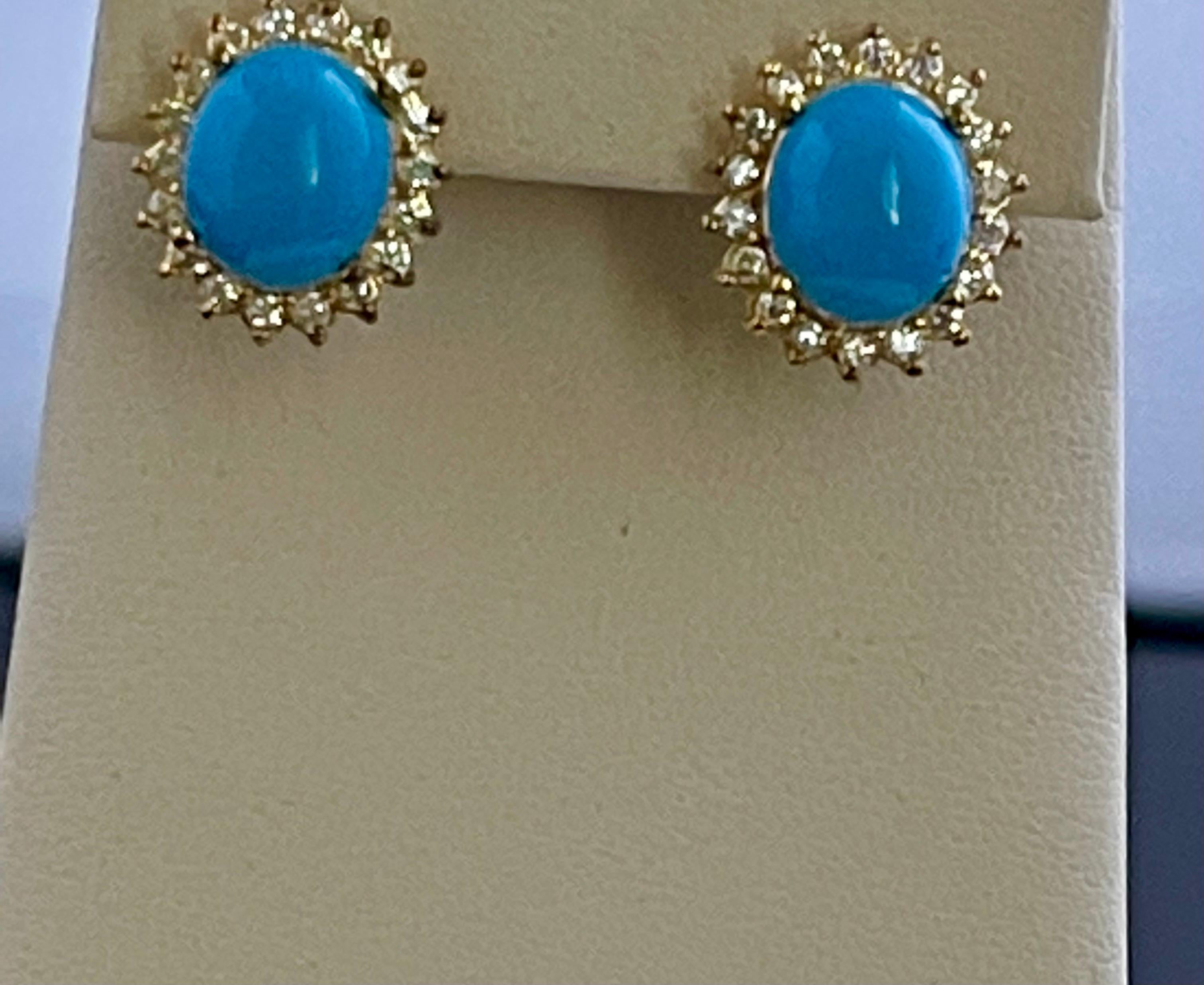 8 Ct Oval Sleeping Beauty Turquoise 1.5ct Diamond Stud Earrings 14 K Yellow Gold For Sale 4