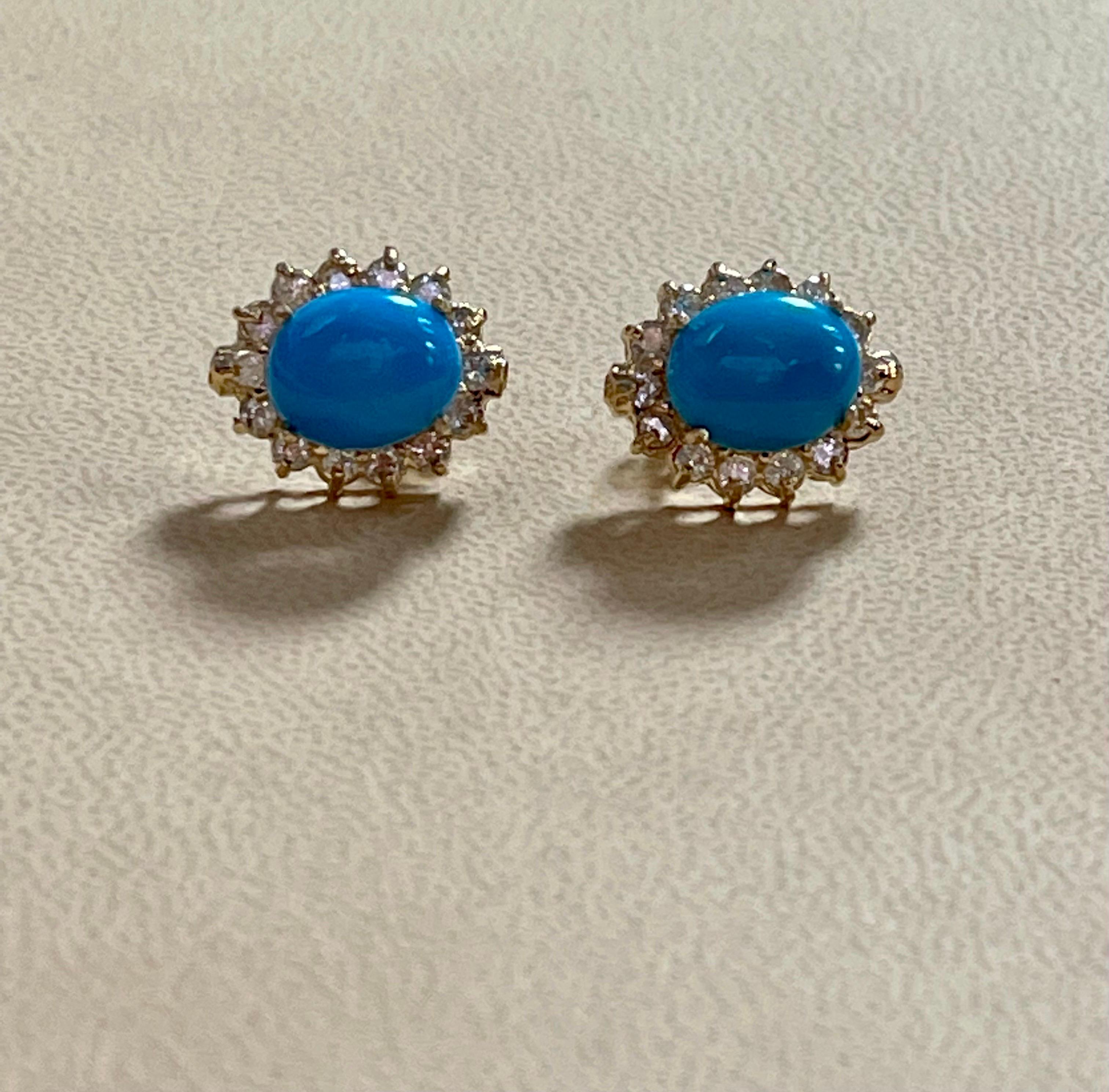 8 Ct Oval Sleeping Beauty Turquoise 1.5ct Diamond Stud Earrings 14 K Yellow Gold For Sale 5