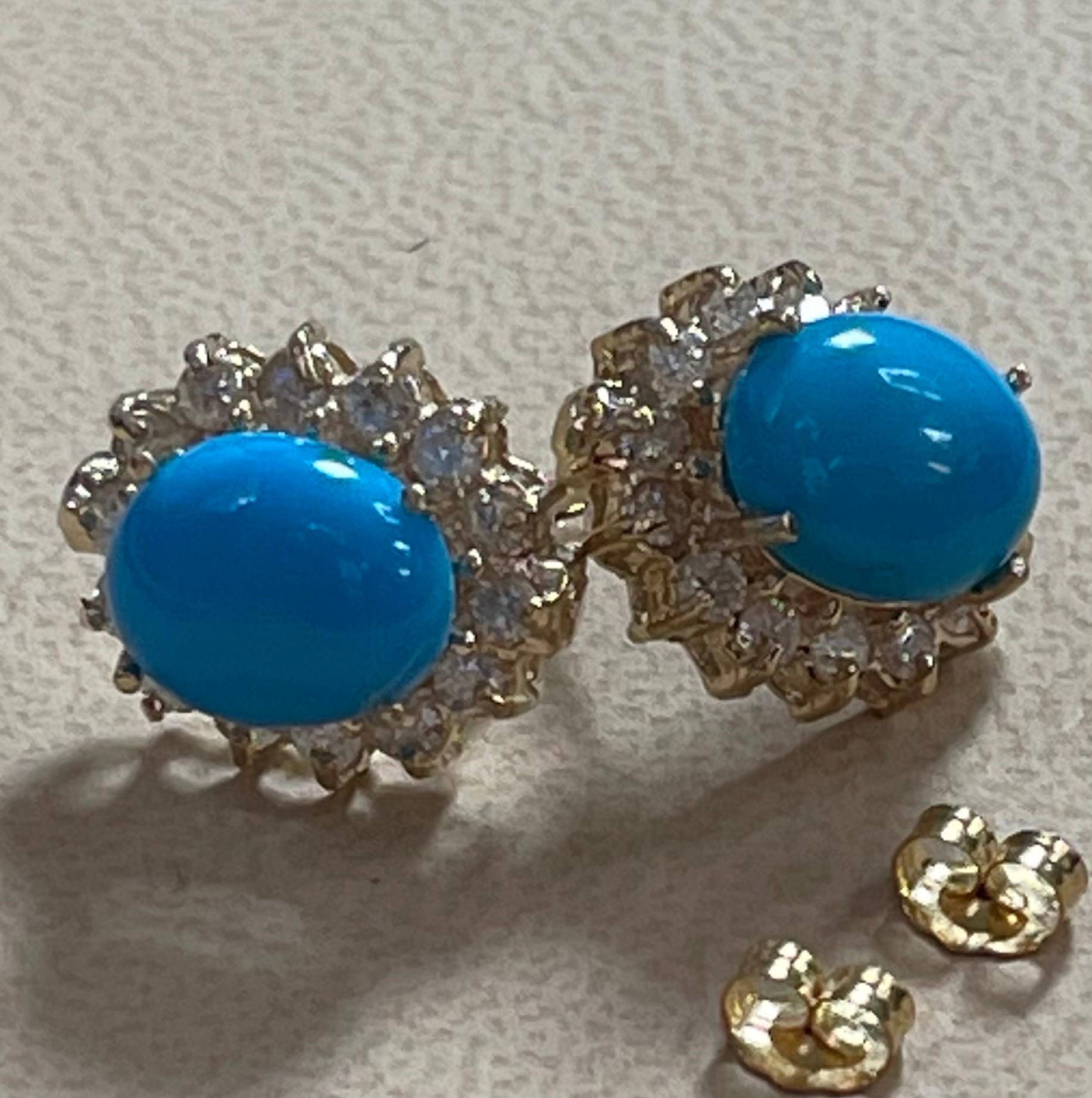 8 Ct Oval Sleeping Beauty Turquoise 1.5ct Diamond Stud Earrings 14 K Yellow Gold For Sale 6