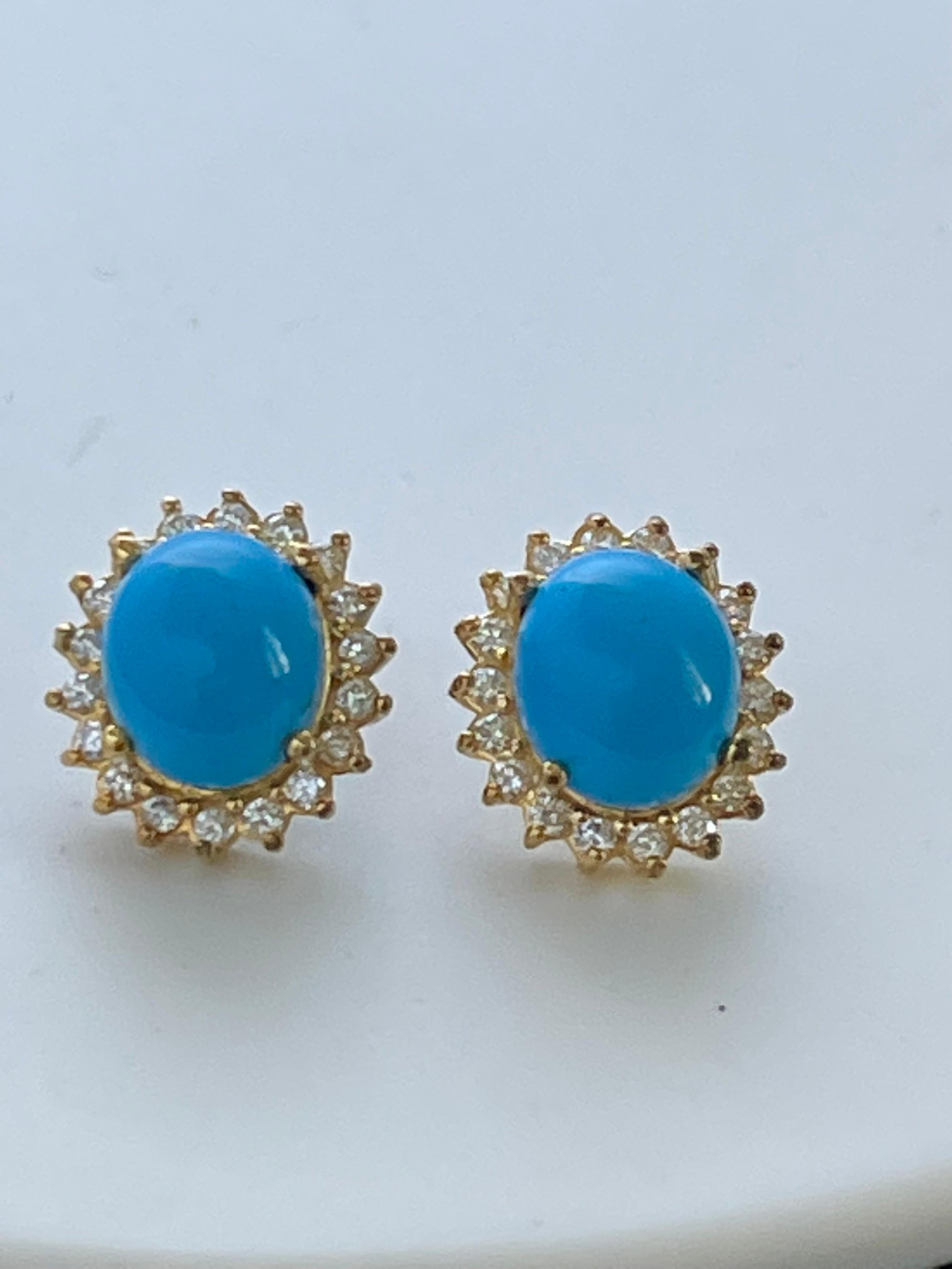 8 Ct Oval Sleeping Beauty Turquoise 1.5ct Diamond Stud Earrings 14 K Yellow Gold For Sale 7