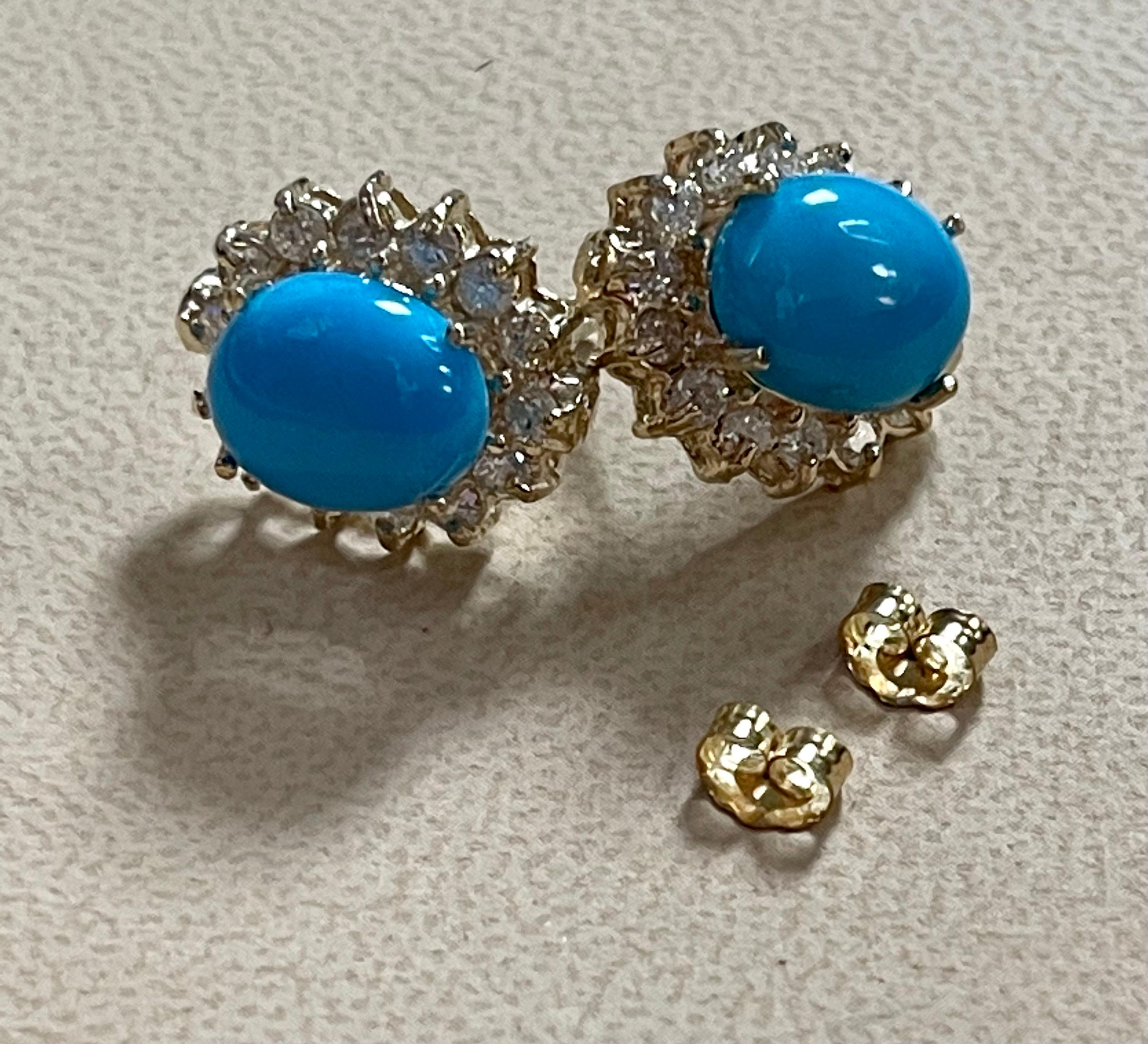 8 Ct Oval Sleeping Beauty Turquoise 1.5ct Diamond Stud Earrings 14 K Yellow Gold For Sale 7