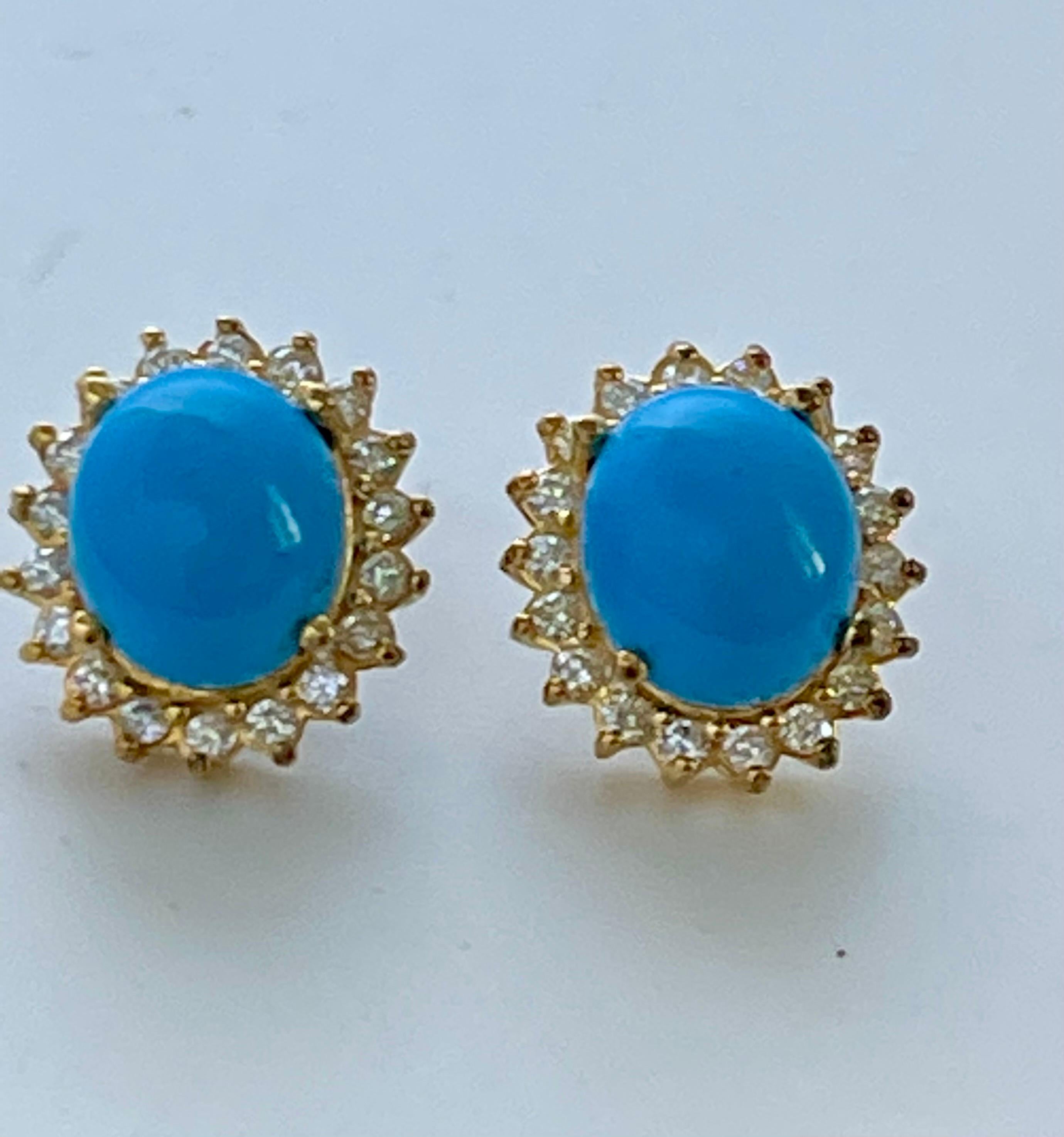 8 Ct Oval Sleeping Beauty Turquoise 1.5ct Diamond Stud Earrings 14 K Yellow Gold For Sale 8
