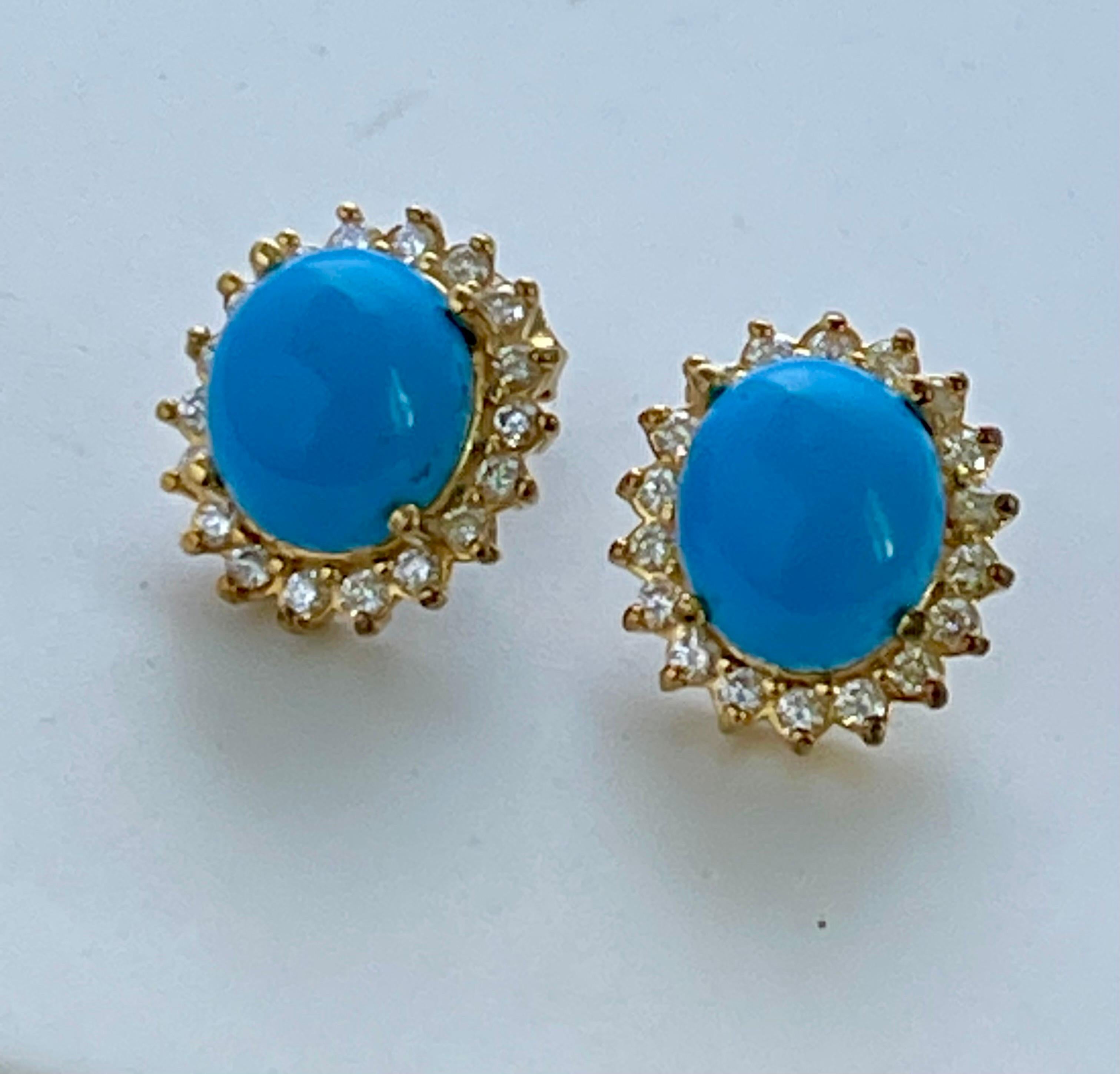 8 Ct Oval Sleeping Beauty Turquoise 1.5ct Diamond Stud Earrings 14 K Yellow Gold For Sale 9