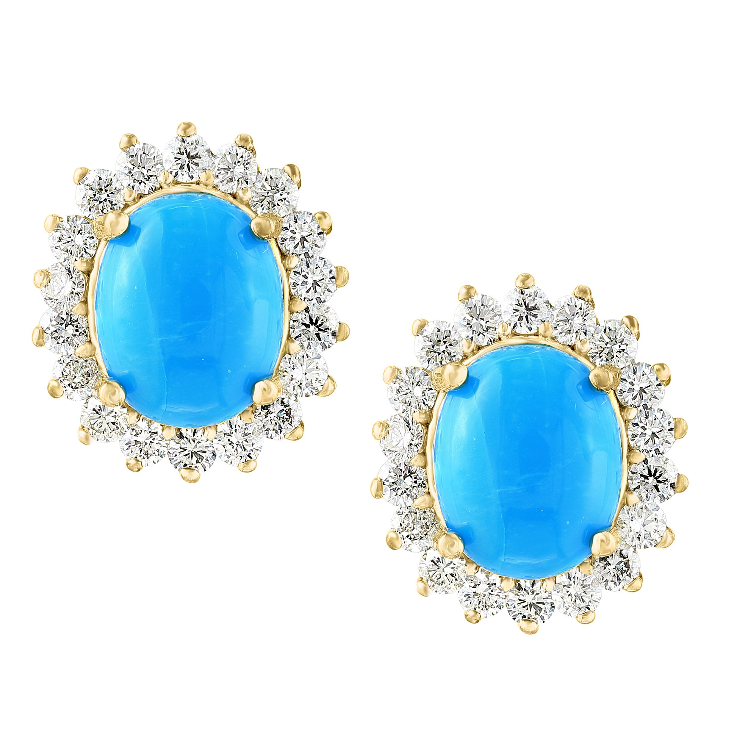 8 Ct Oval Sleeping Beauty Turquoise 1.5ct Diamond Stud Earrings 14 K Yellow Gold For Sale 10