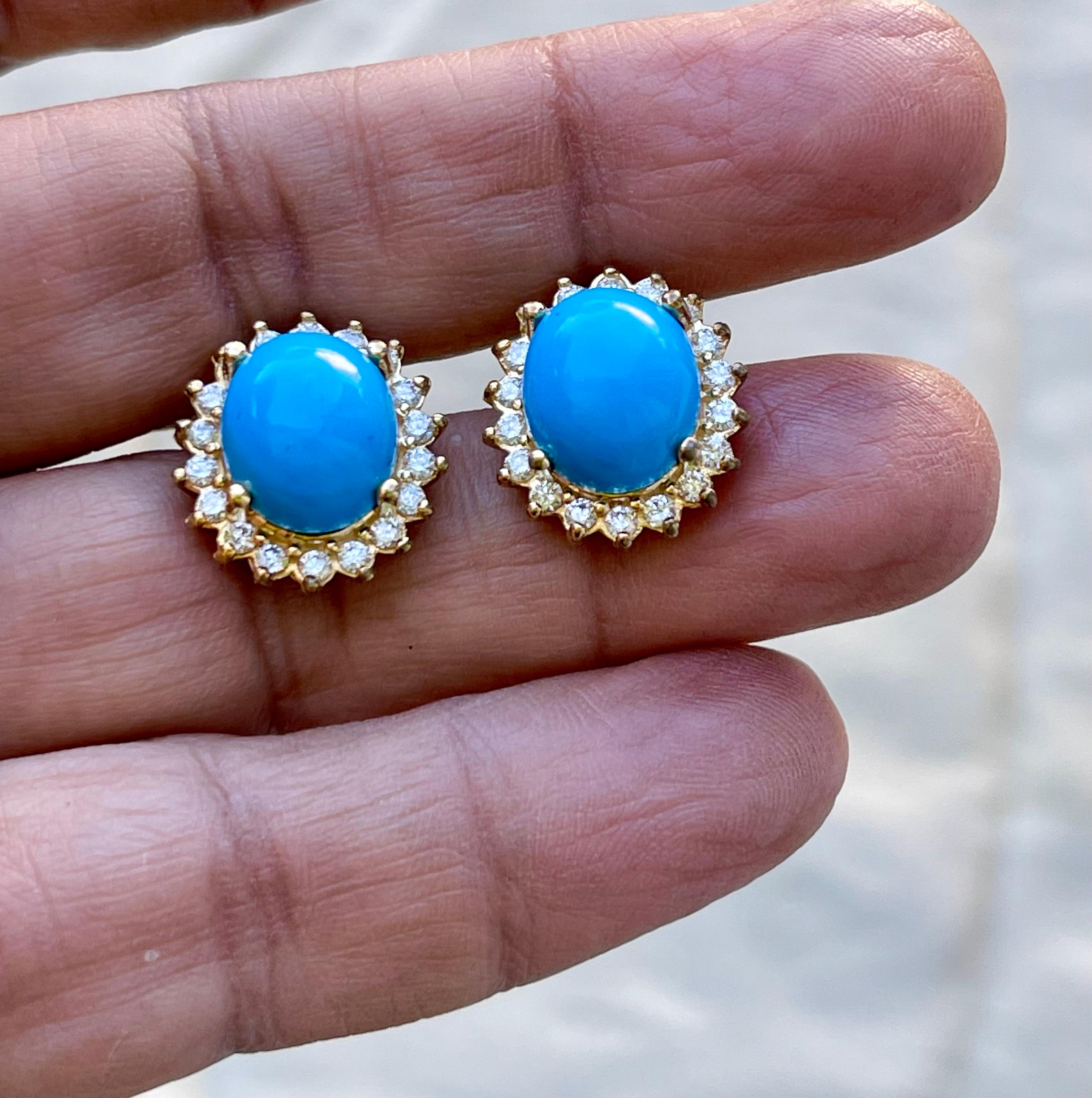 8 Ct Oval Sleeping Beauty Turquoise 1.5ct Diamond Stud Earrings 14 K Yellow Gold For Sale 11