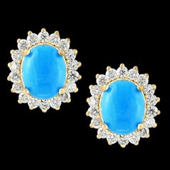 8 Ct Oval Sleeping Beauty Turquoise 1.5ct Diamond Stud Earrings 14 K Yellow Gold
