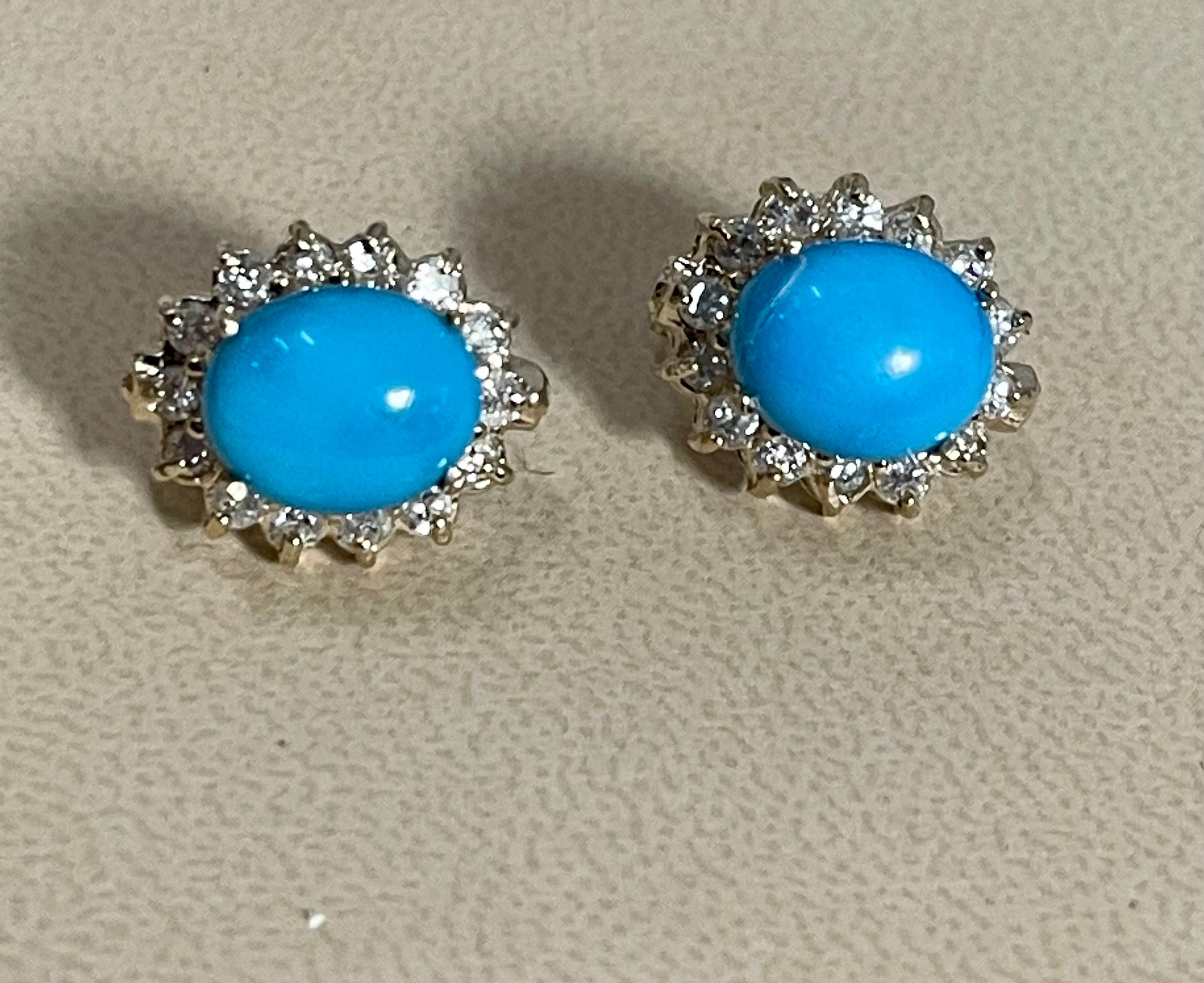 Oval Cut 8 Ct Oval Sleeping Beauty Turquoise 1.5ct Diamond Stud Earrings 14 K Yellow Gold For Sale