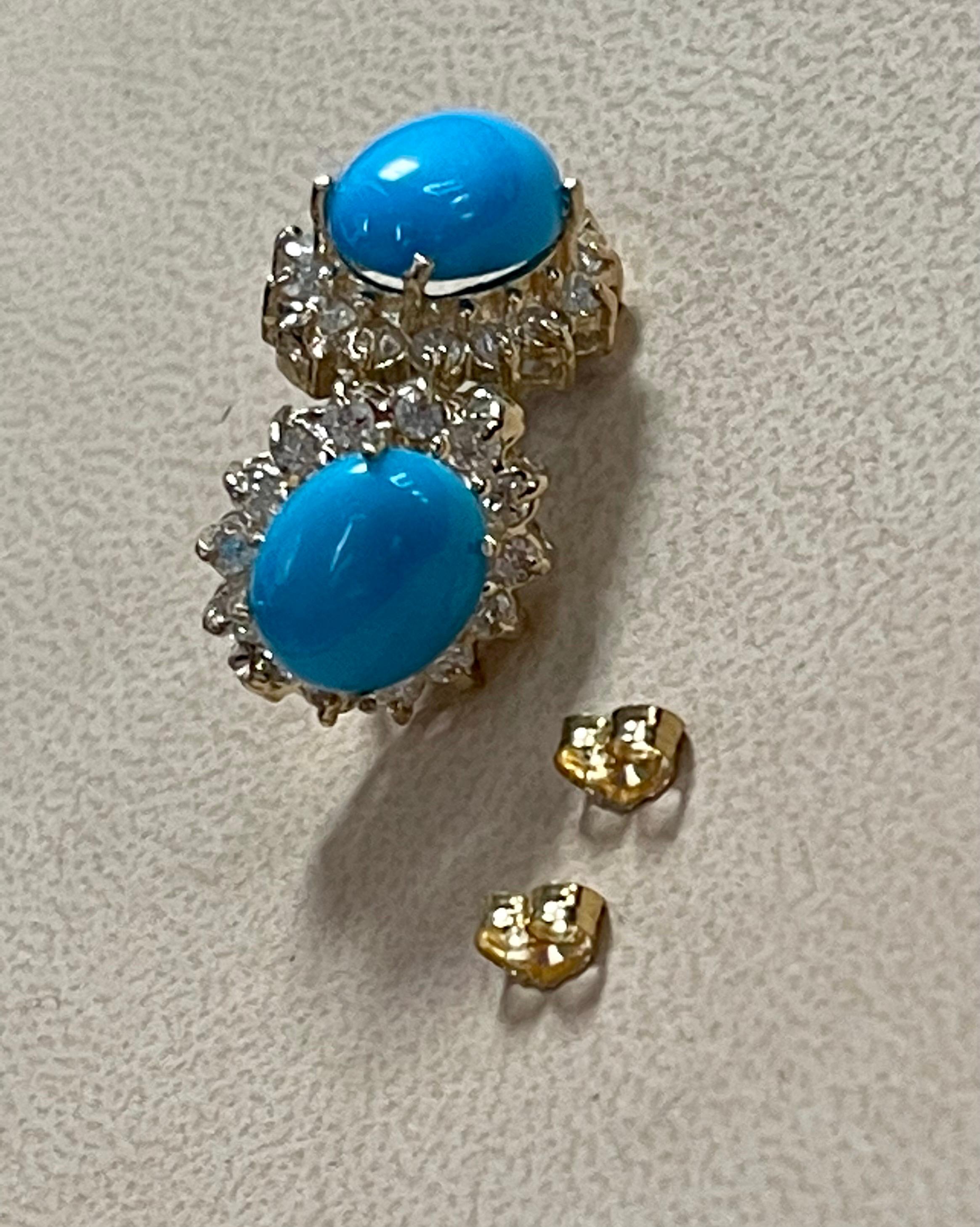 8 Ct Oval Sleeping Beauty Turquoise 1.5ct Diamond Stud Earrings 14 K Yellow Gold In Excellent Condition For Sale In New York, NY