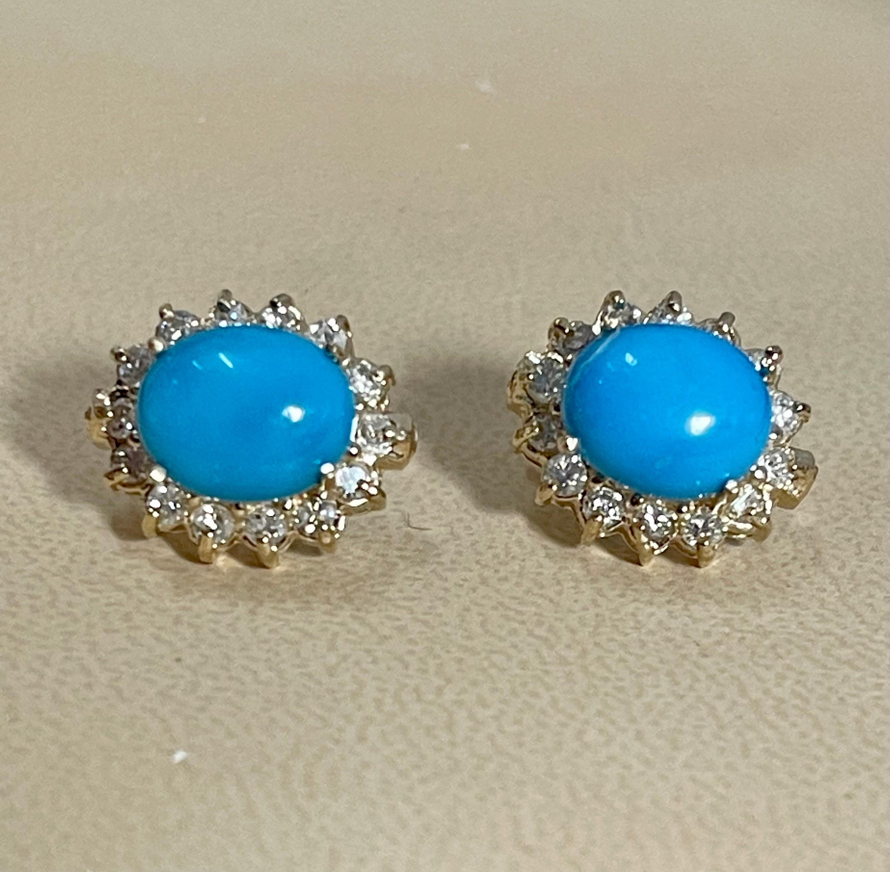 Women's 8 Ct Oval Sleeping Beauty Turquoise 1.5ct Diamond Stud Earrings 14 K Yellow Gold For Sale