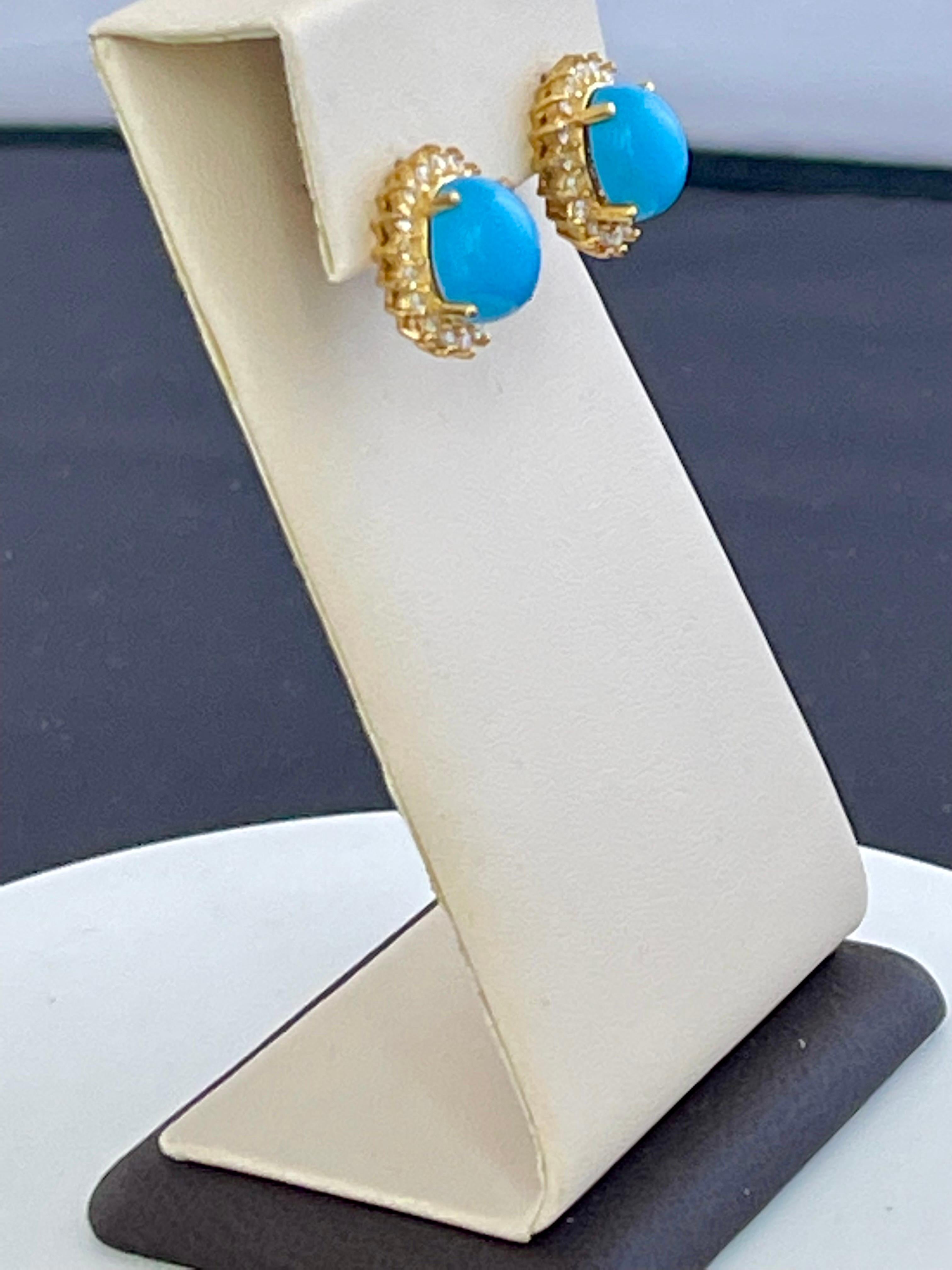 8 Ct Oval Sleeping Beauty Turquoise 1.5ct Diamond Stud Earrings 14 K Yellow Gold For Sale 1