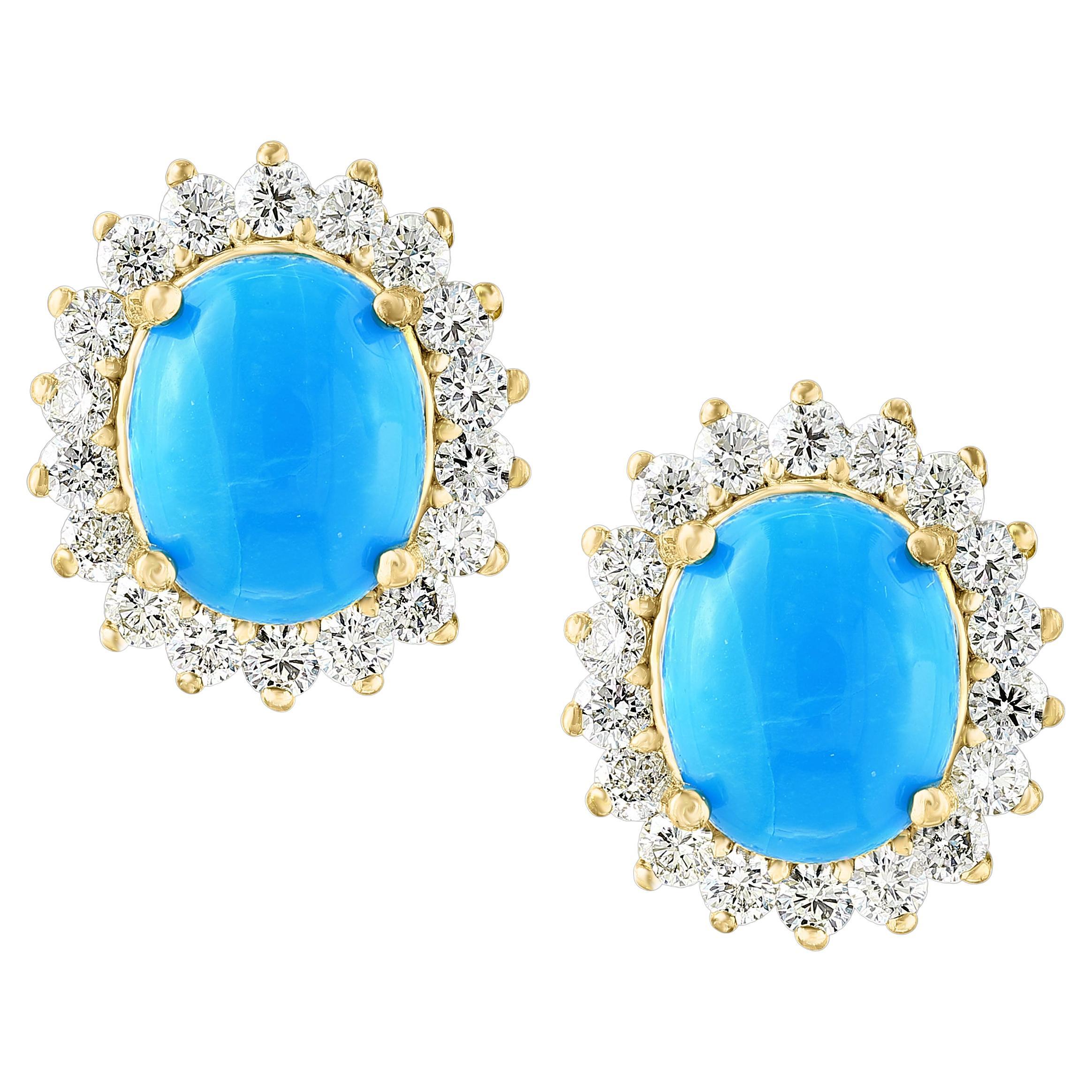 8 Ct Oval Sleeping Beauty Turquoise 1.5ct Diamond Stud Earrings 14 K Yellow Gold For Sale