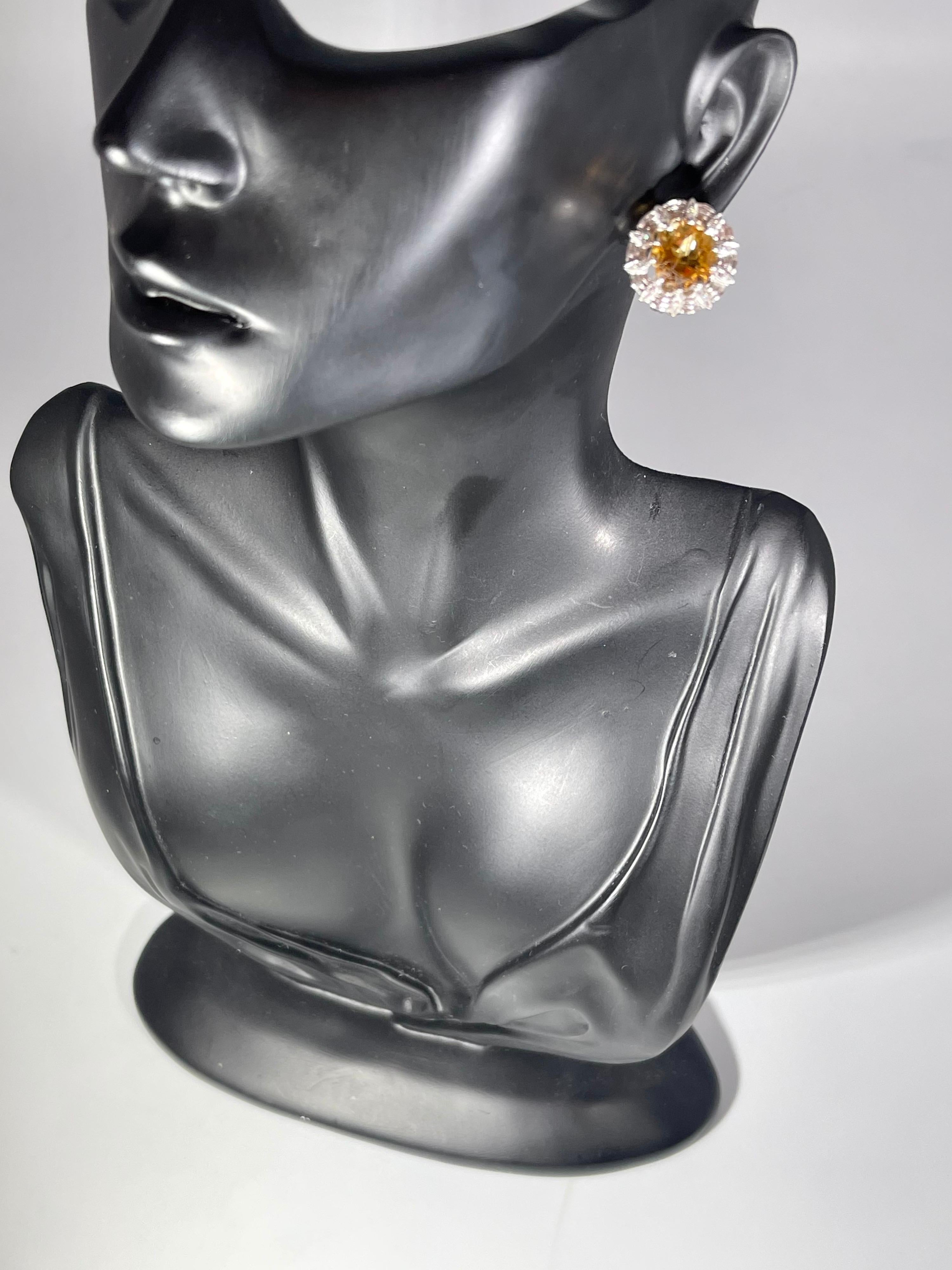 8 Ct Round Natural Citrine Earrings 18 Karat White Gold Omega Backs In Excellent Condition For Sale In New York, NY