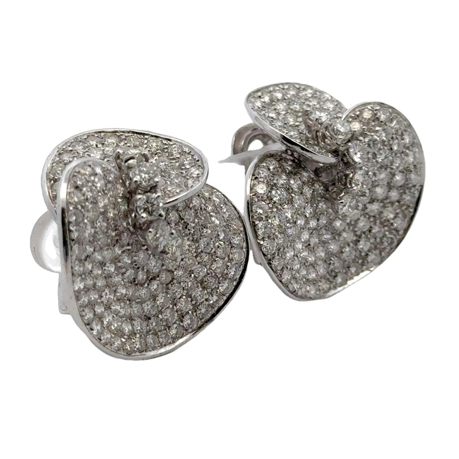 Contemporary 8-CTW Round Brilliant Pavé Set Diamond 18KWG Lilly Pad Style Earclip Earrings For Sale