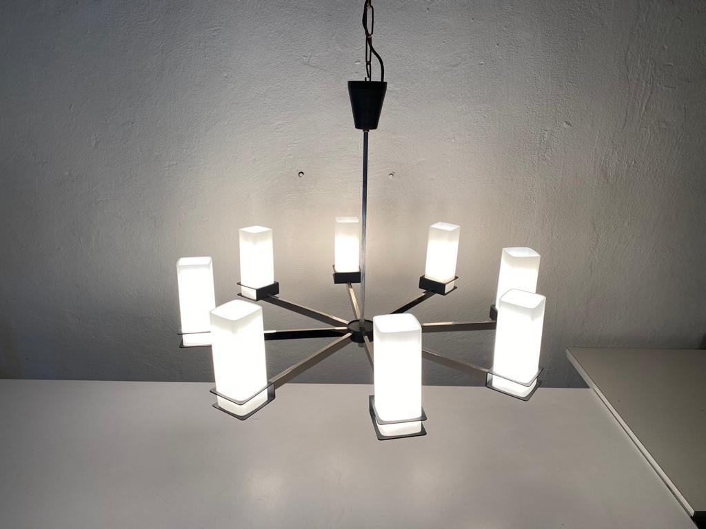 8 Cylinder Opal Glass Tubes Atomic Chandelier by Kaiser Leuchten, 1970s, Germany For Sale 5