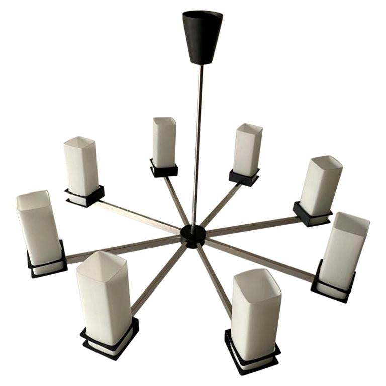 8 Cylinder Opal Glass Tubes Atomic Chandelier by Kaiser Leuchten, 1970s, Germany For Sale