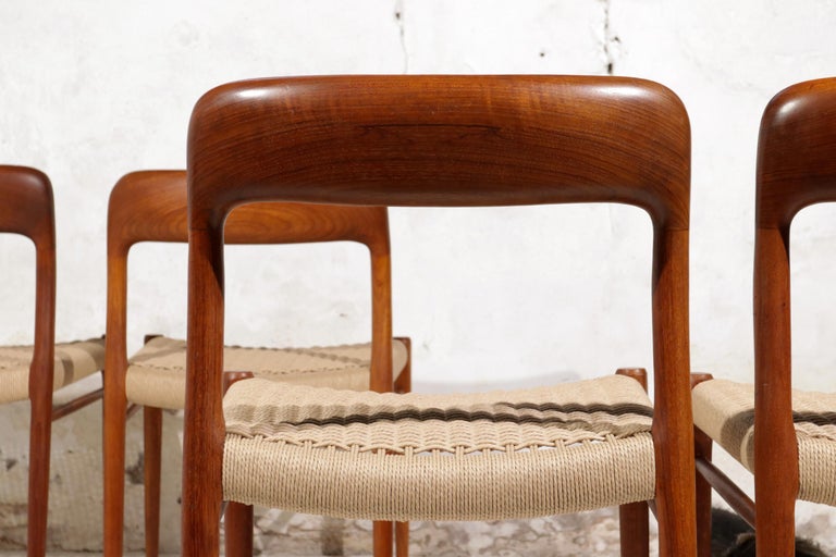 8 beautiful, fully restored, Model 75 chairs designed by the Danish designer Niels Otto Møller, and manufactured by JL Møllers Møbelfabrik in the 1960s
The frames are made of solid teak and the seat has been re-fitted with paper cord.
Timeless