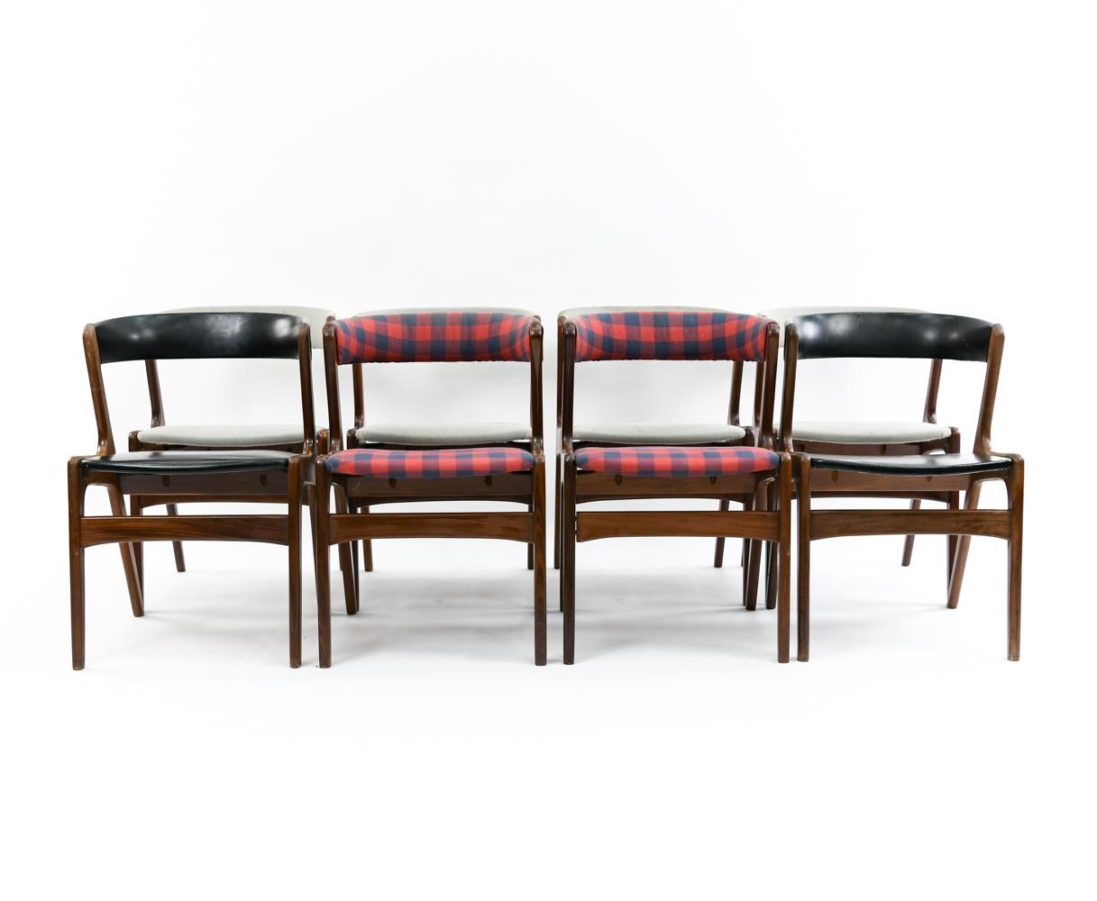 A set of eight Danish midcentury dining chairs designed by the iconic Kai Kristiansen. Featuring curved backrests and a 