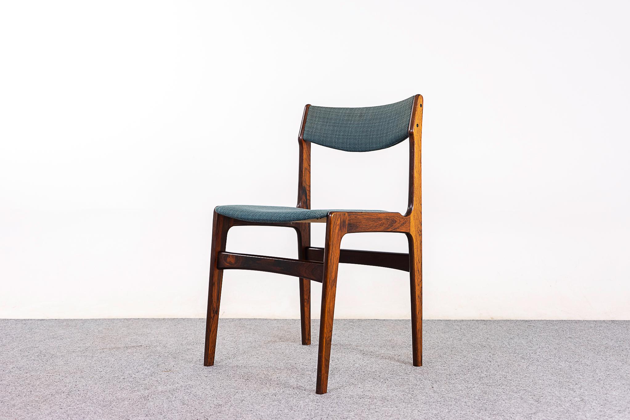 Rosewood mid-century dining chairs, circa 1960's. Lovely grain patterns on the veneer frames, sturdy, yet elegant. Beautifully curved backrests and generous seat size. Original fabric with significant wear, a perfect set for you to customize. Rare