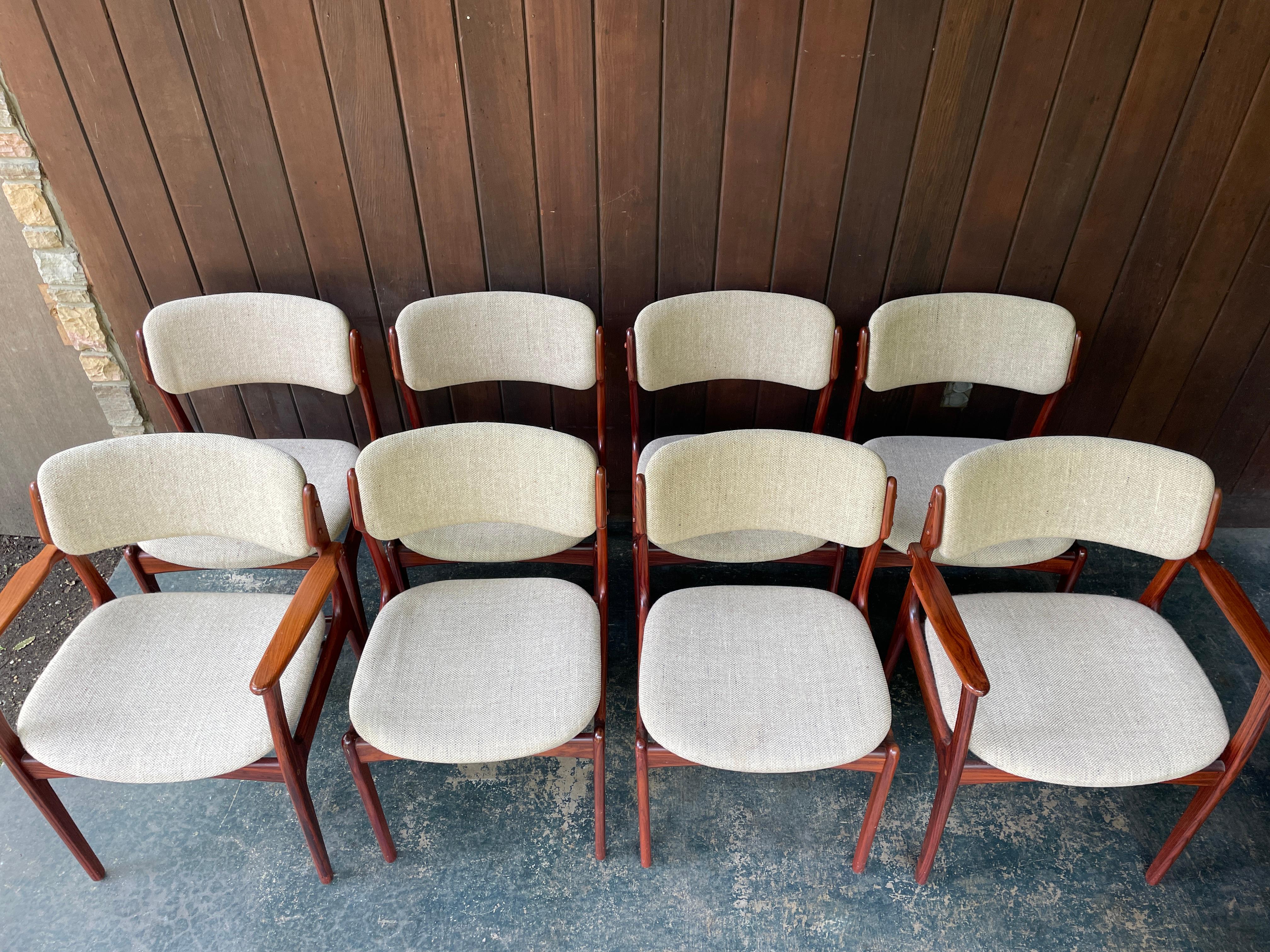8 sillas/sillones de comedor daneses de palisandro Erik Buch para O.D. Mobler Modelo 49, 50 Escandinavo moderno en venta