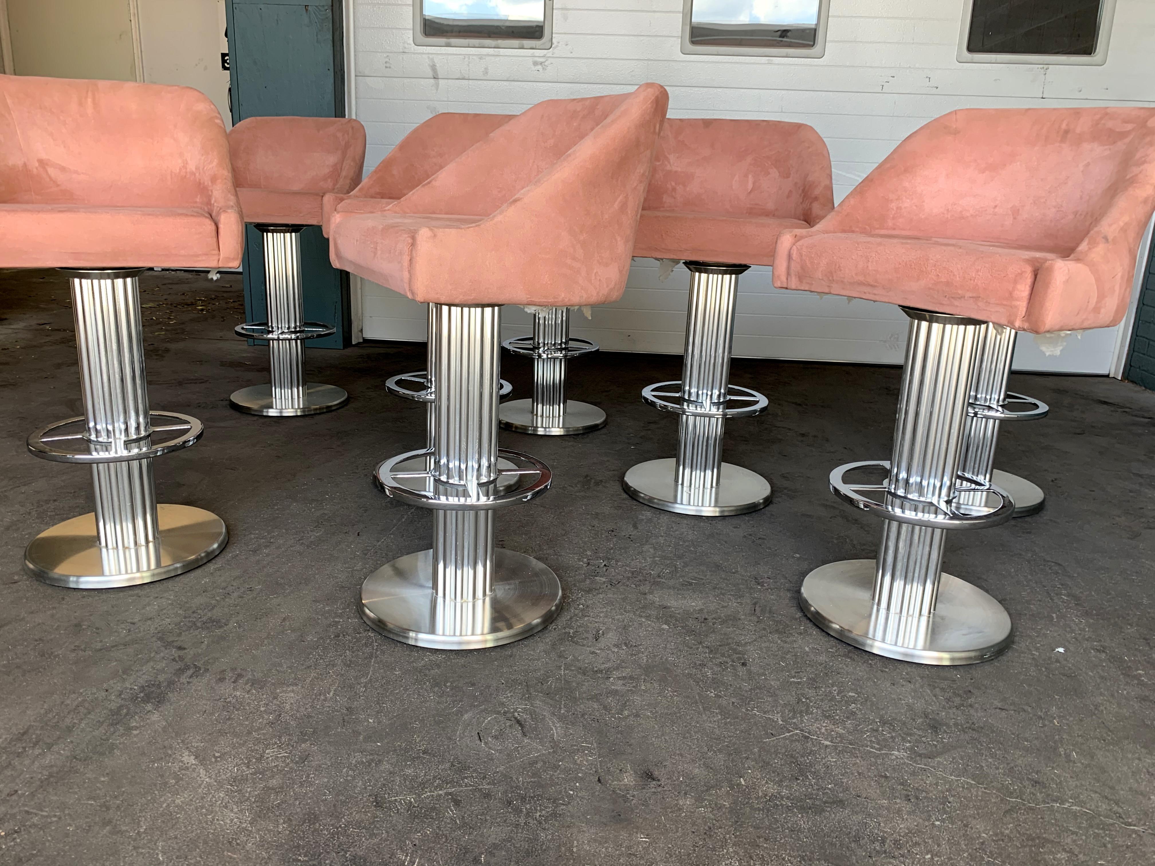 Stools sold individually

Looking to create a bar in your home or business?
The most beautiful set of design for Leisure bar stools out there. And there are 8 of them!
The deep blush/pink color of these is just delicious.
Minor wear on edge as
