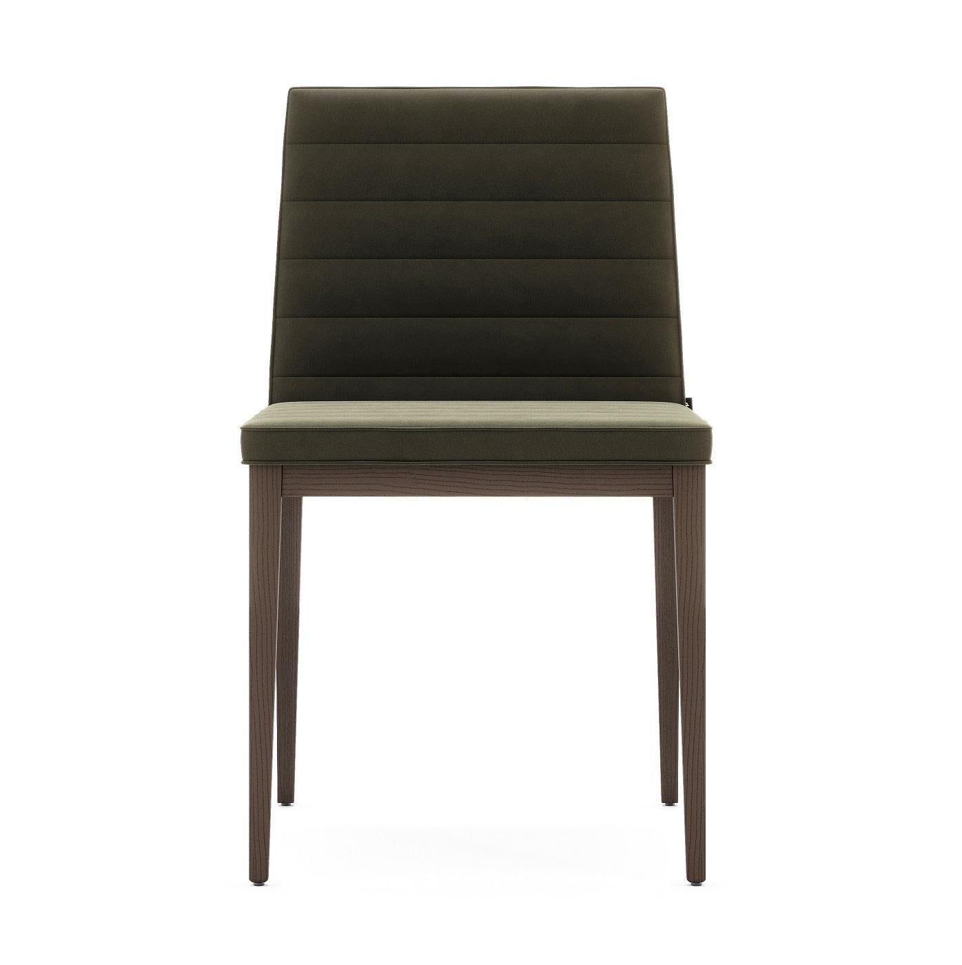This dining chair combines beauty with functionality with its fumed wood legs.
Horizontal stitching structured back.
Upholstered in beige cotton velvet.
Suitable for contract use.
100% European made product.
Contact us to enquire about COM/COL