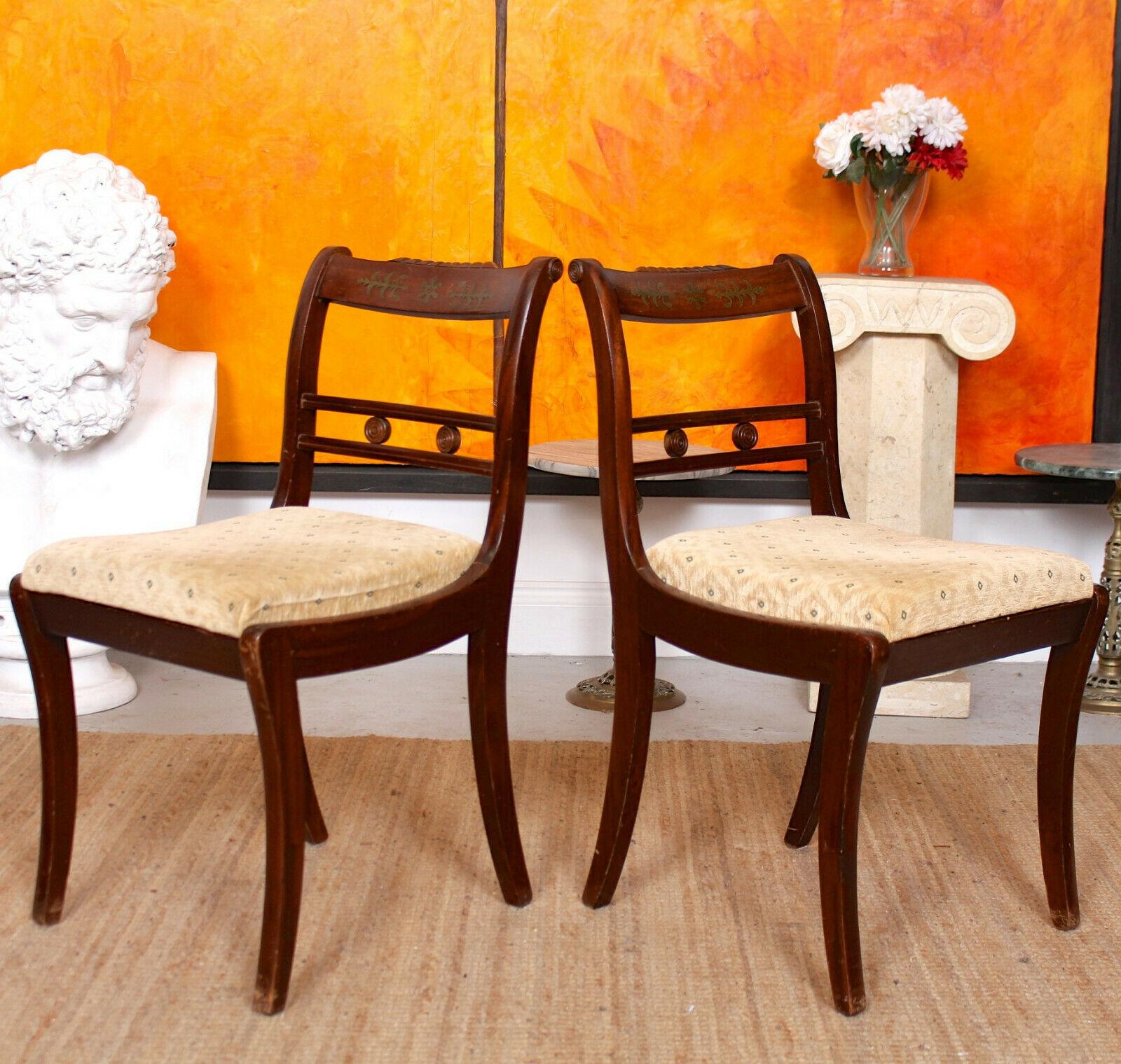 8 Dining Chairs Mahogany Brass Inlaid Carved For Sale 6