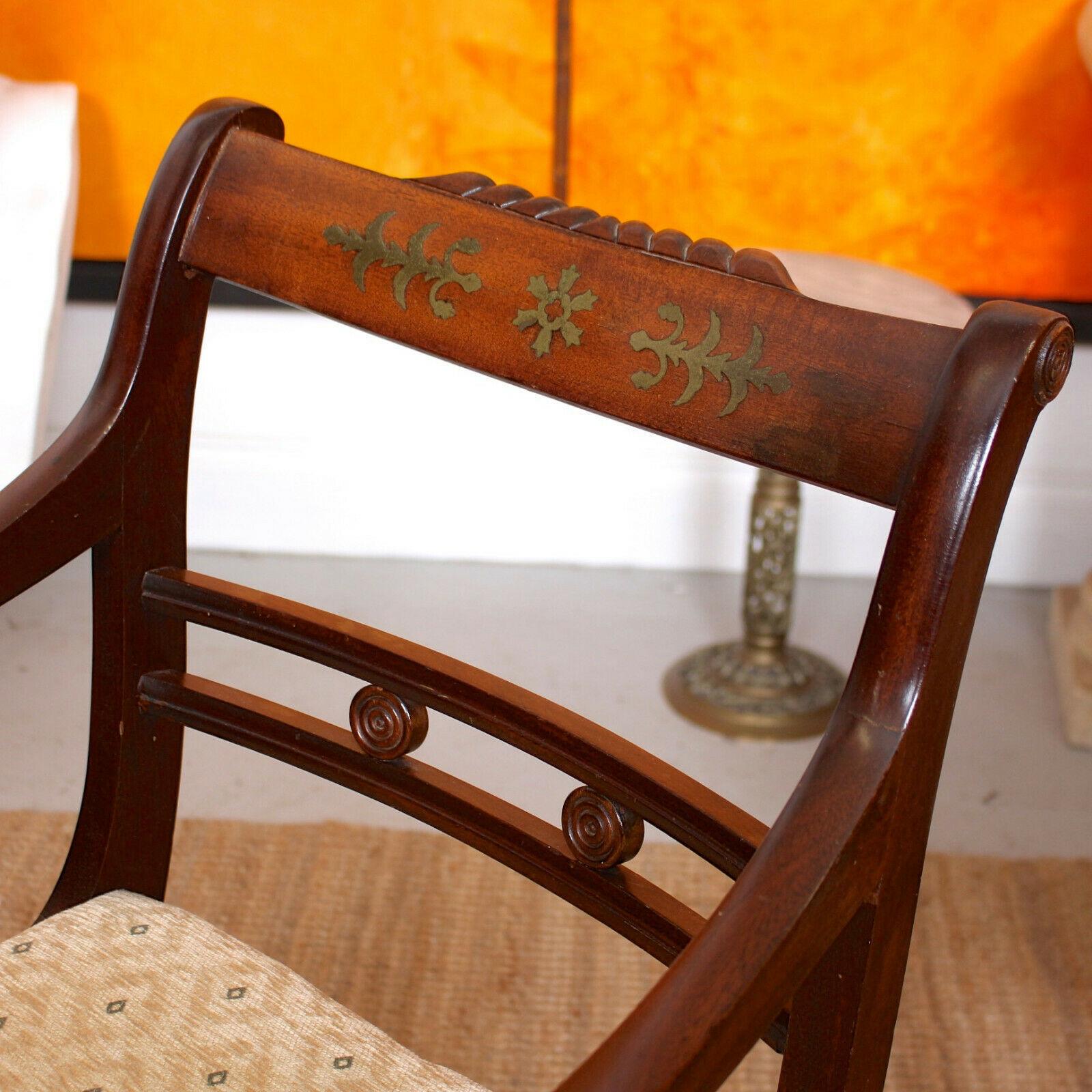 English 8 Dining Chairs Mahogany Brass Inlaid Carved For Sale