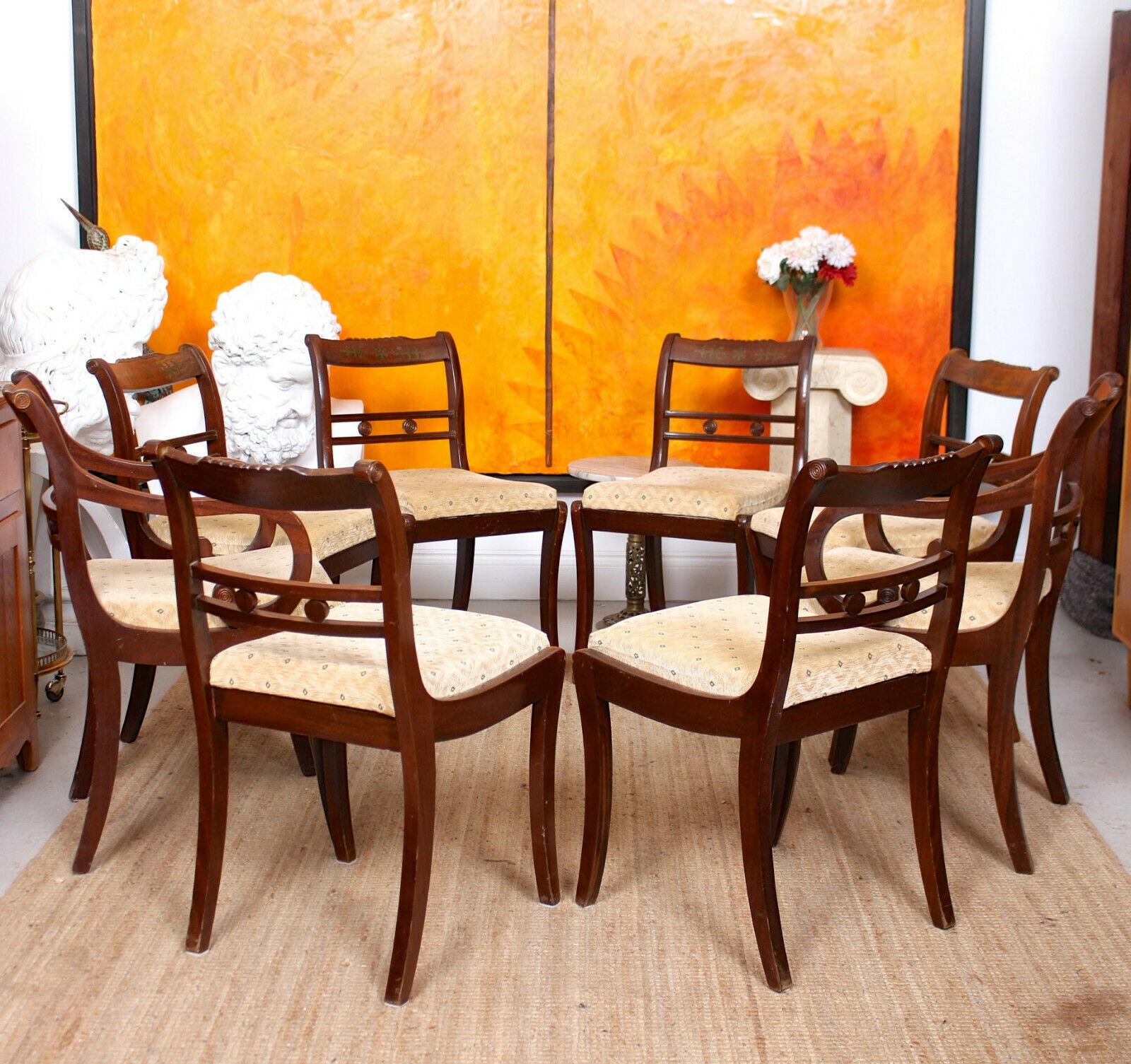 20th Century 8 Dining Chairs Mahogany Brass Inlaid Carved For Sale
