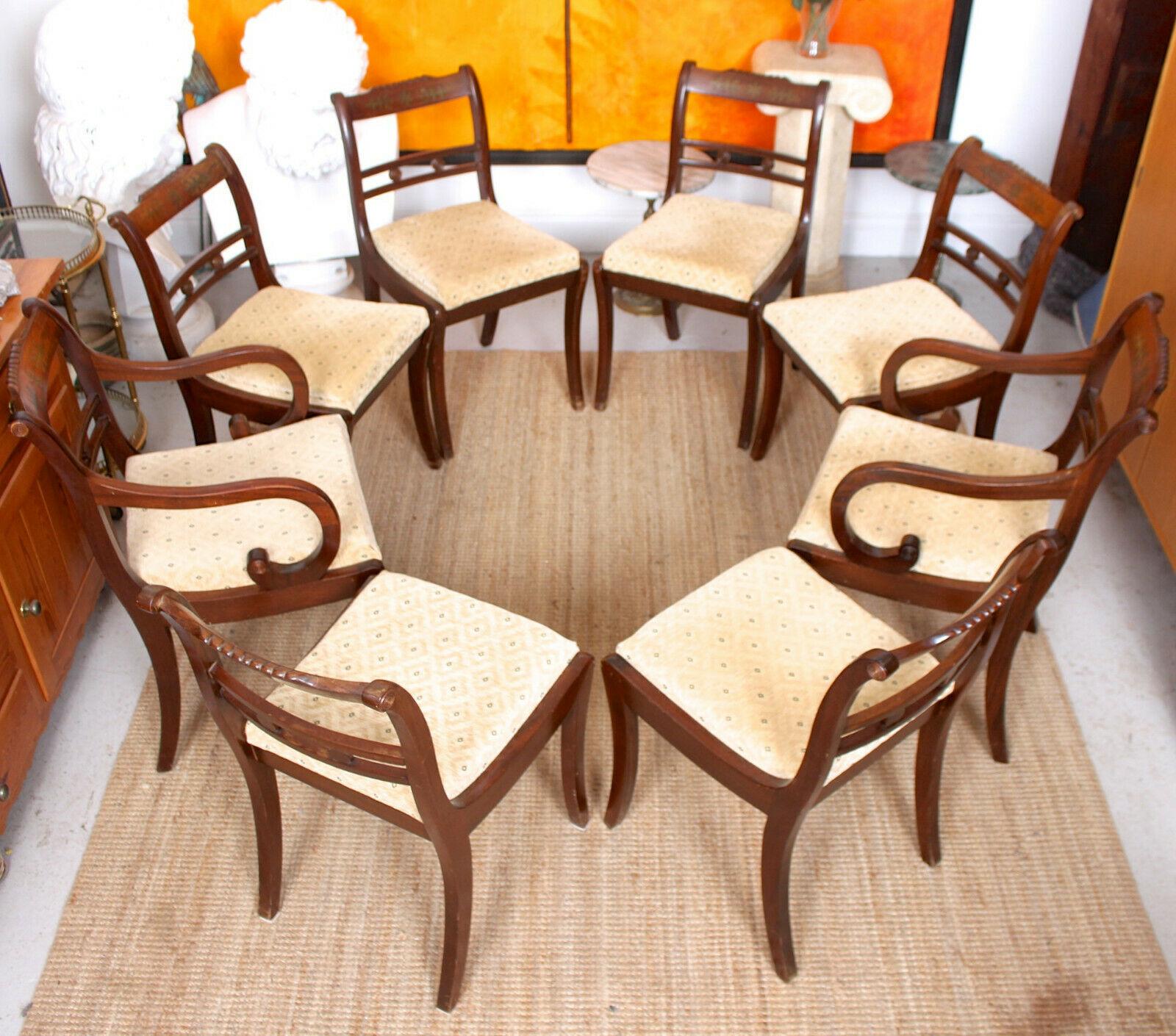 8 Dining Chairs Mahogany Brass Inlaid Carved For Sale 1