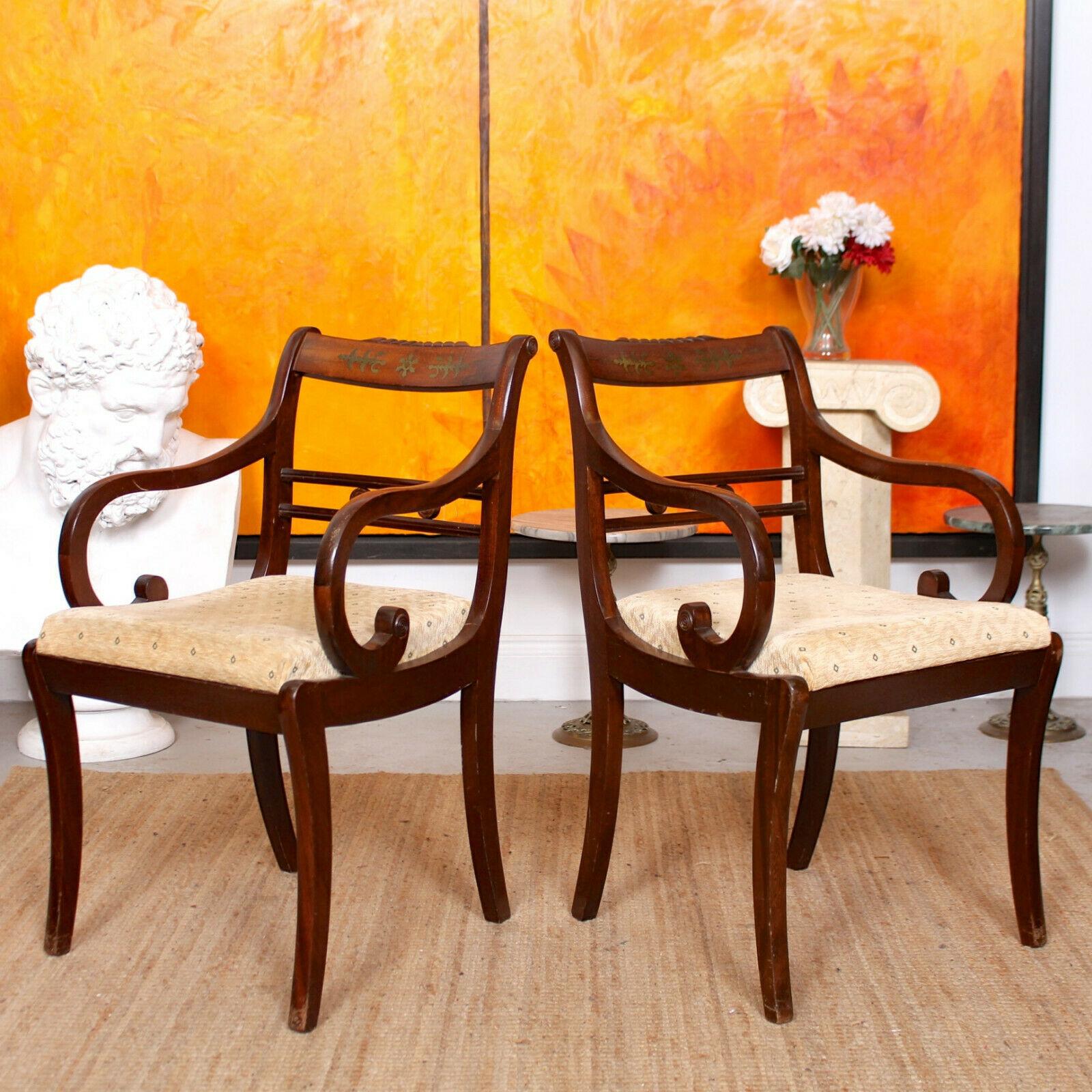 8 Dining Chairs Mahogany Brass Inlaid Carved For Sale 2