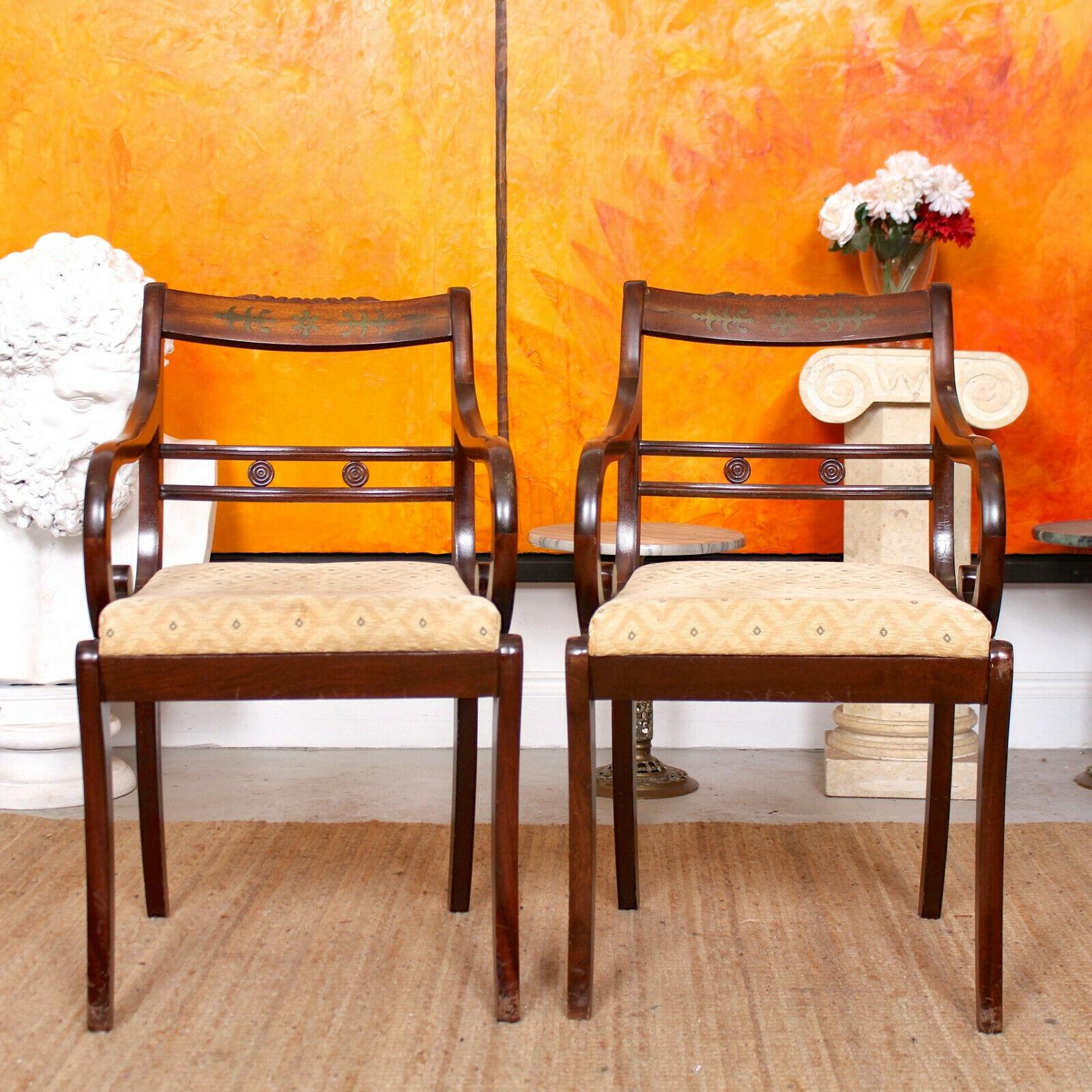 8 Dining Chairs Mahogany Brass Inlaid Carved For Sale 3