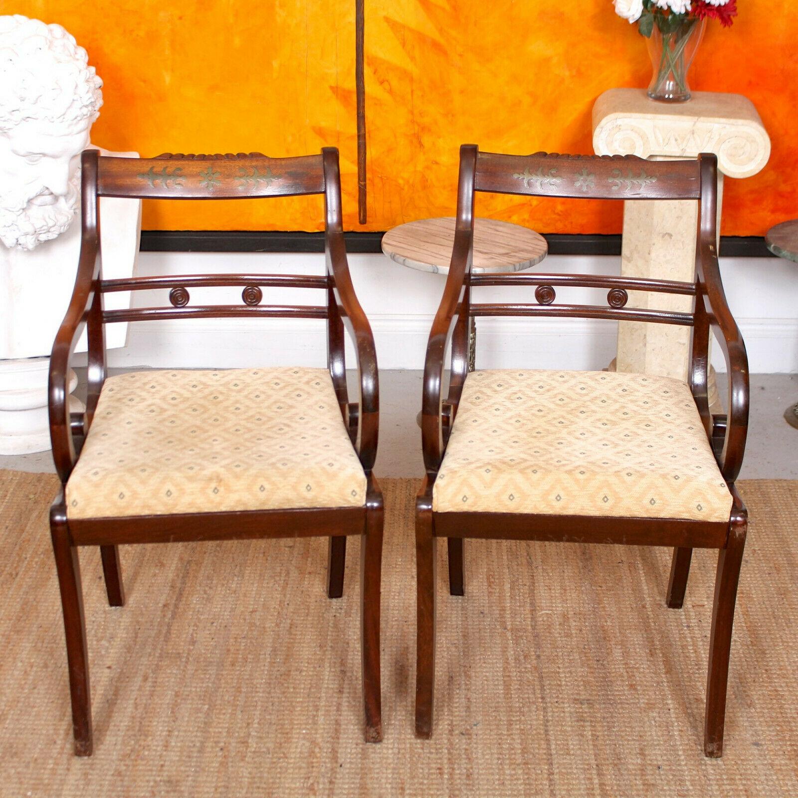 8 Dining Chairs Mahogany Brass Inlaid Carved For Sale 4